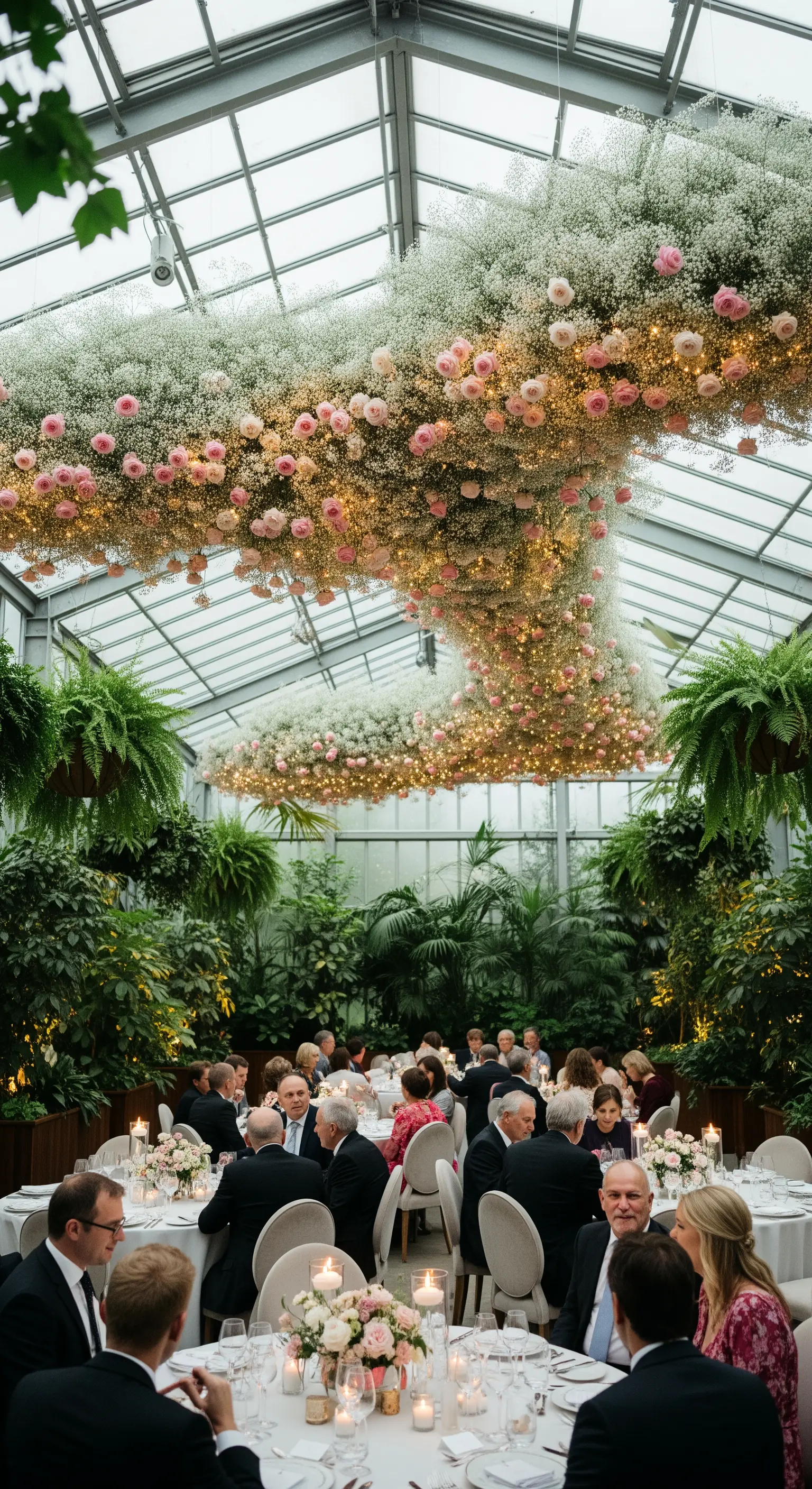 Una grande installazione a forma di nuvola di gypsophila e rose rosa sospesa in una serra.