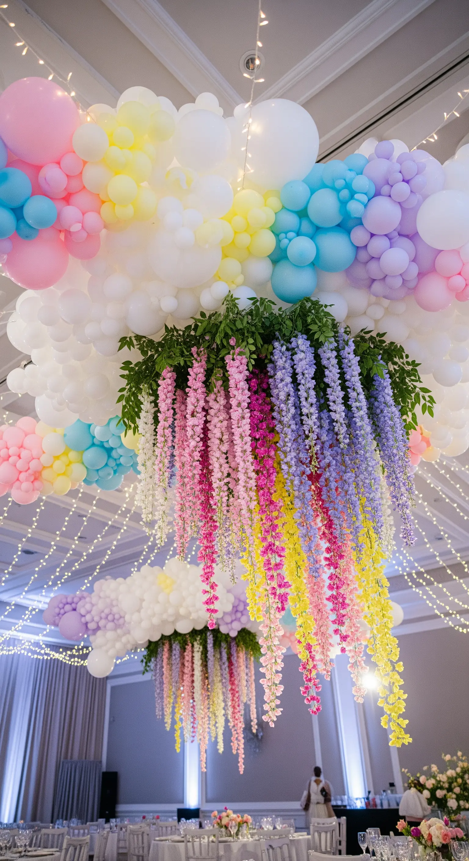 Soffitto di una sala da ballo decorato con palloncini pastello, fiori a cascata e lucine.