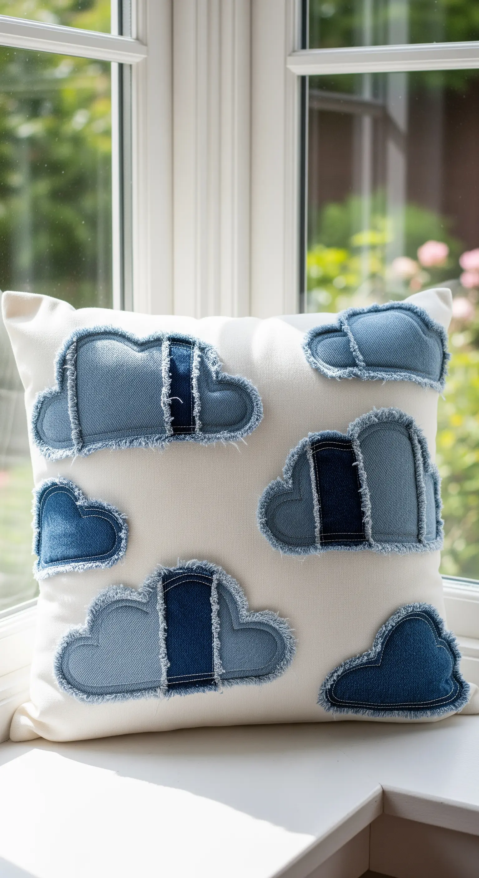Cuscino bianco con applicazioni a forma di nuvola realizzate con ritagli di jeans sfrangiati.