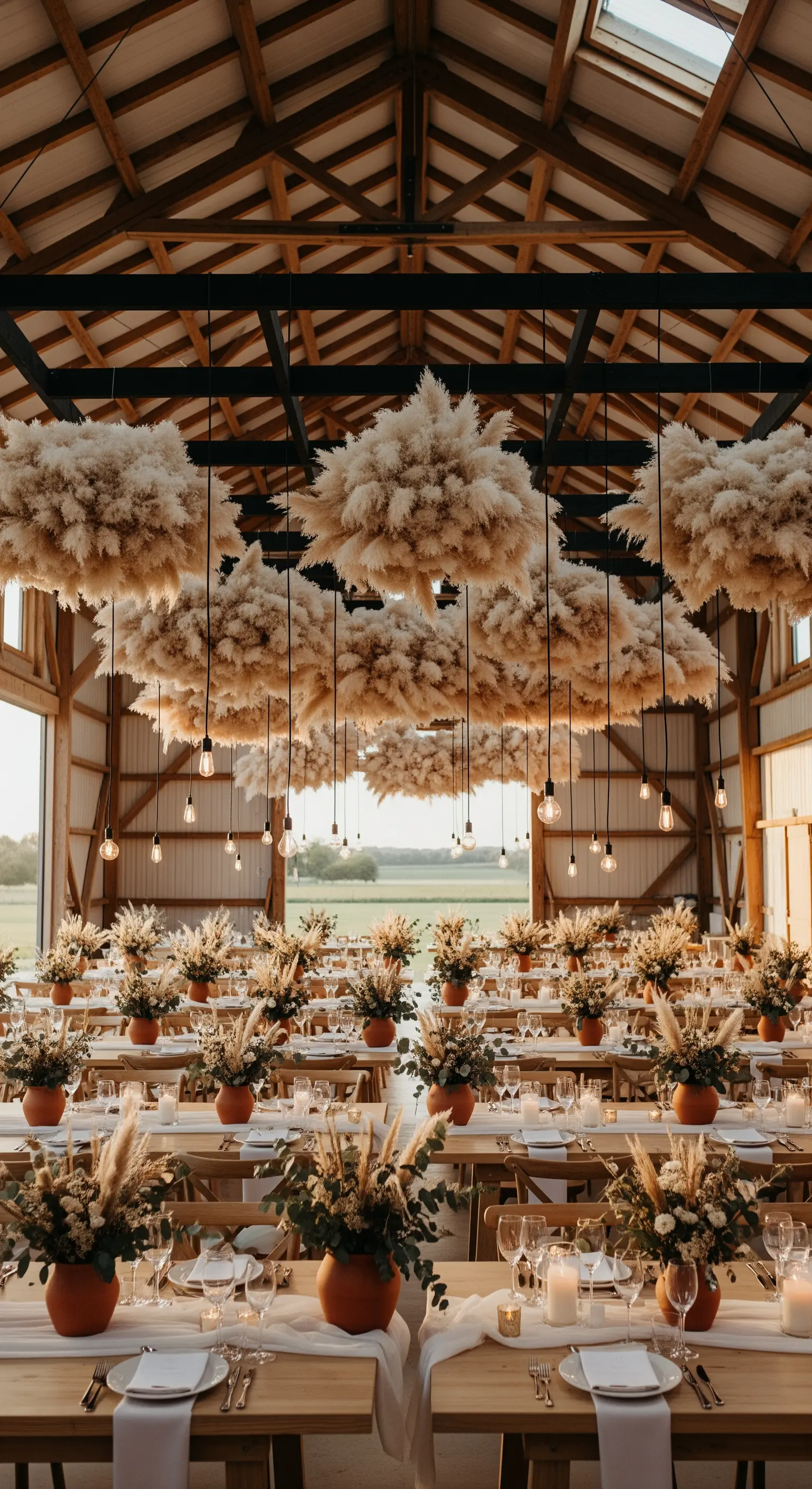 Sala ricevimenti in un fienile con grandi nuvole di pampas appese al soffitto e lampadine.