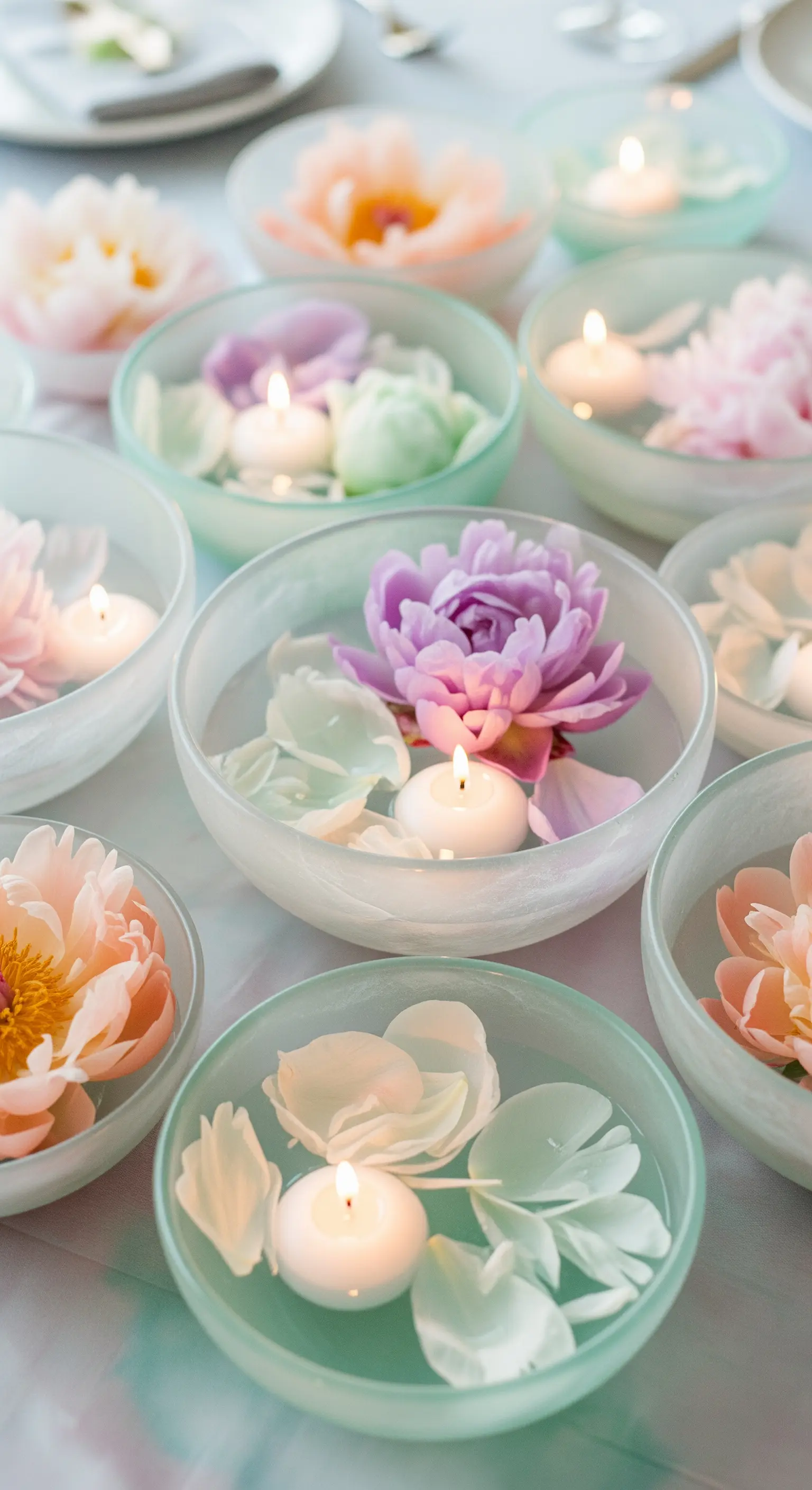 Ciotole in vetro satinato con peonie e petali color pastello e una candela galleggiante.