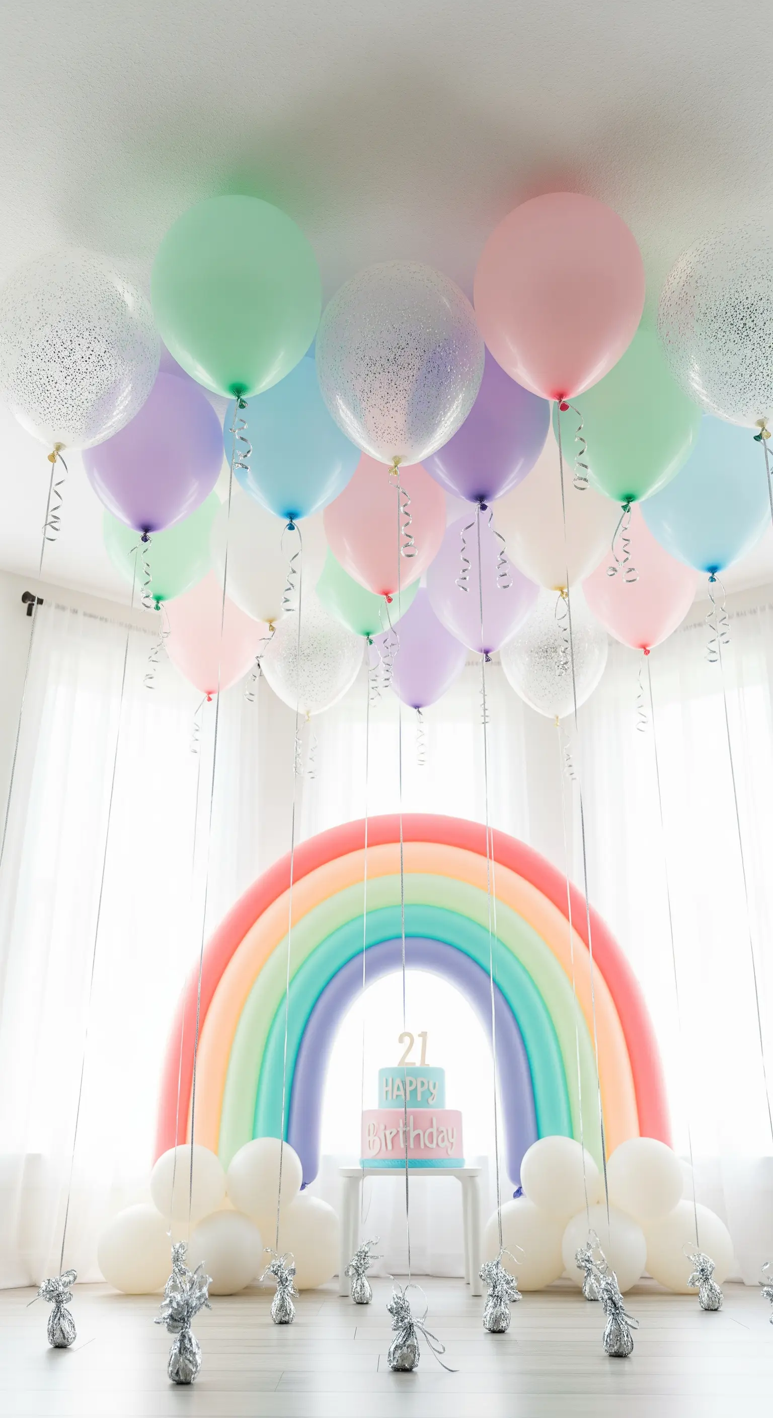 Palloncini color pastello e glitterati sul soffitto di una stanza con un arcobaleno gonfiabile.