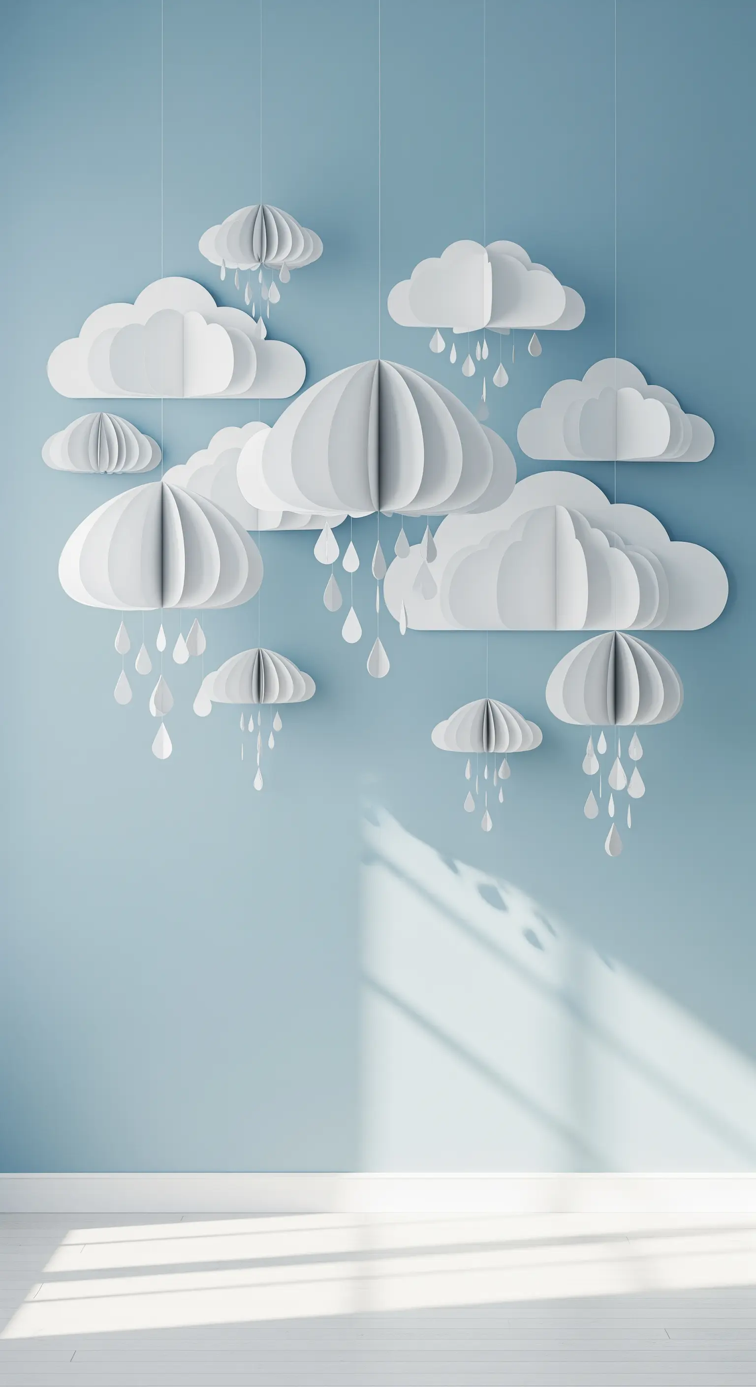 Nuvole e gocce di pioggia 3D, fatte di carta bianca, sospese a fili su una parete azzurra.