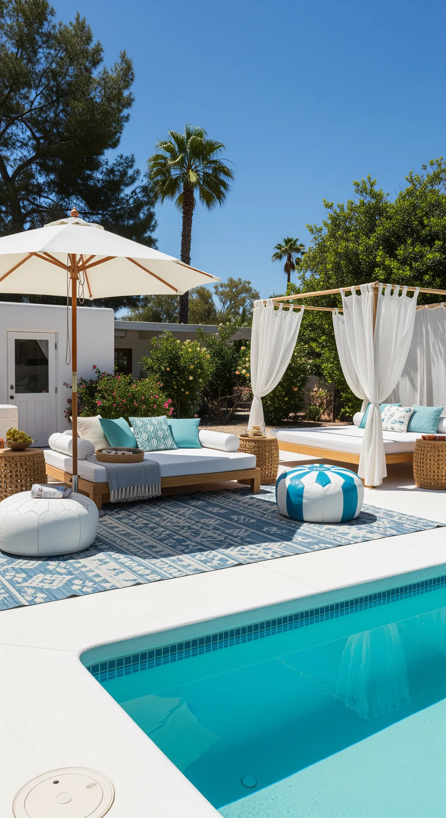 Bordo piscina con lettini a baldacchino, tappeto blu e bianco e pouf turchesi.