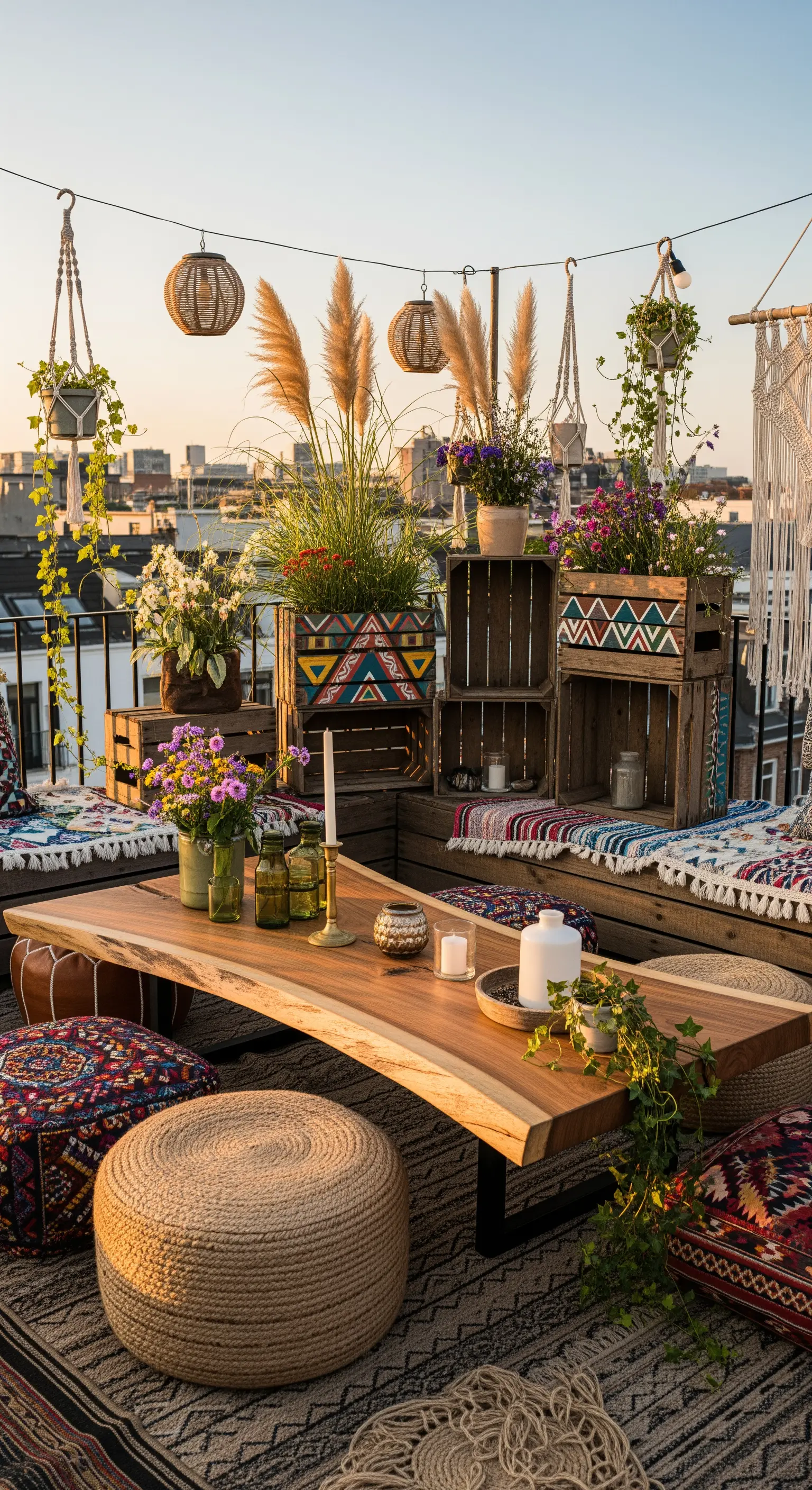 Angolo relax bohémien su una terrazza con cassette di legno decorate e cuscini etnici