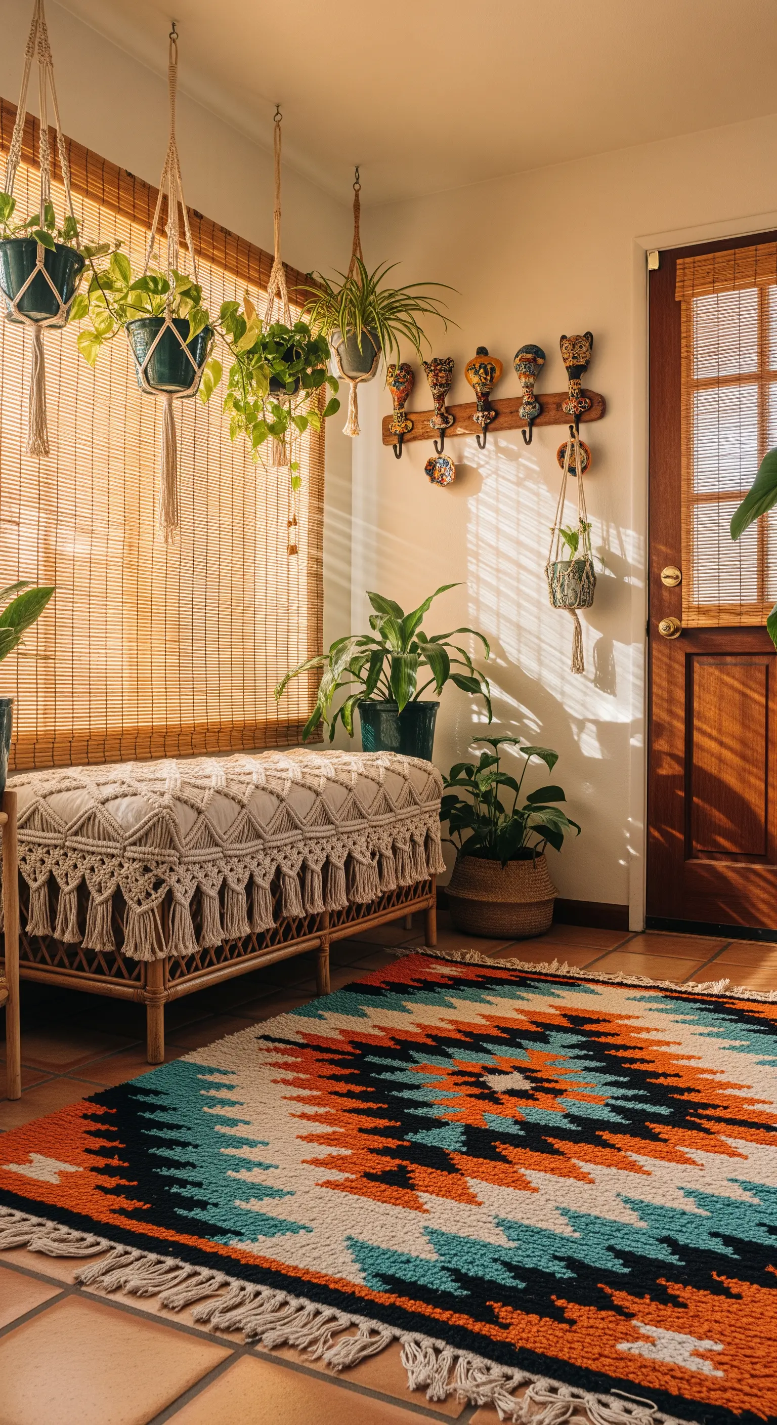 Ingresso bohémien con panca in rattan, coperta in macramè, piante sospese e tappeto kilim.