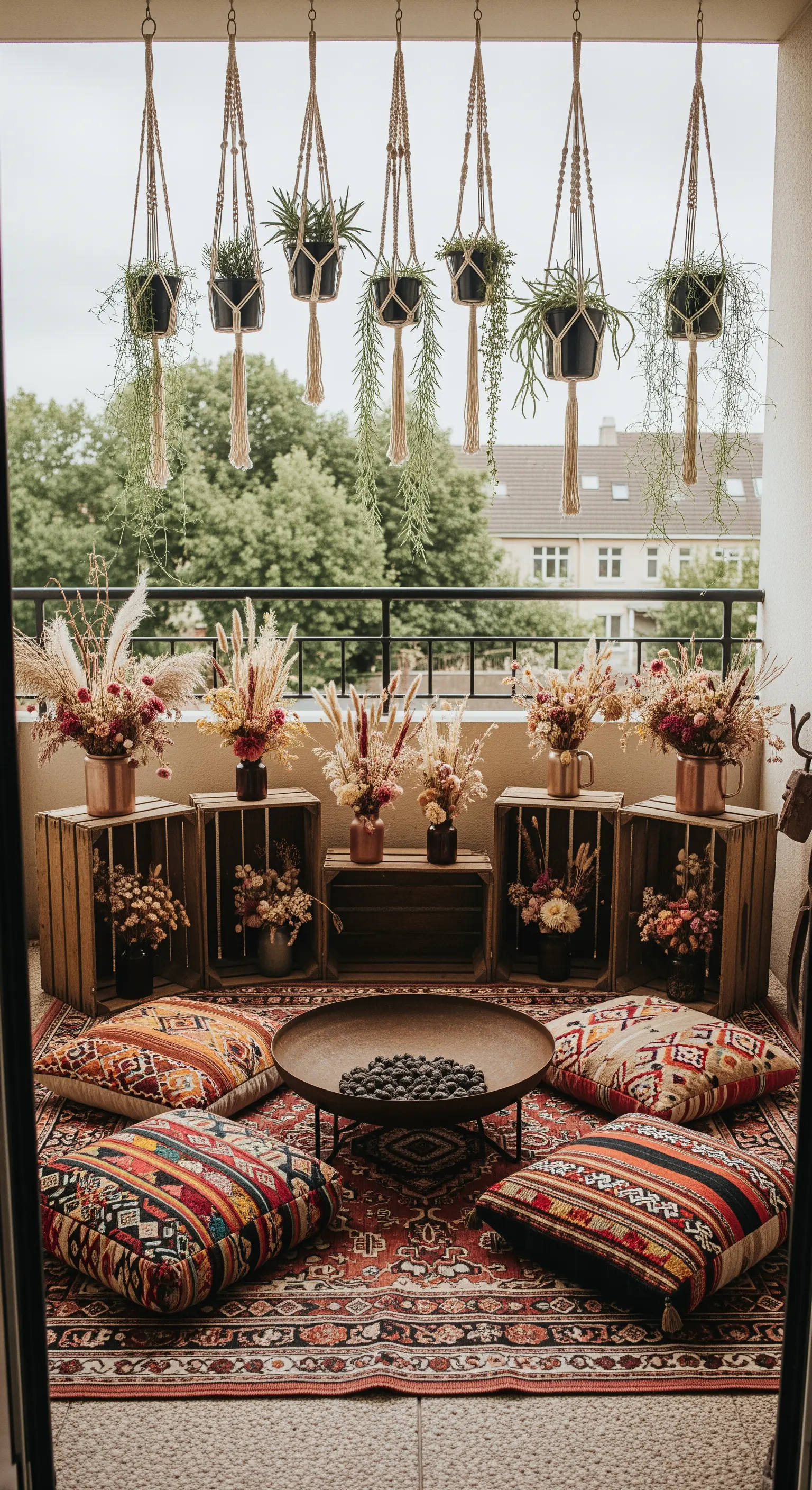 Allestimento bohémien su un balcone con cassette, cuscini a terra, tappeto kilim e piante.