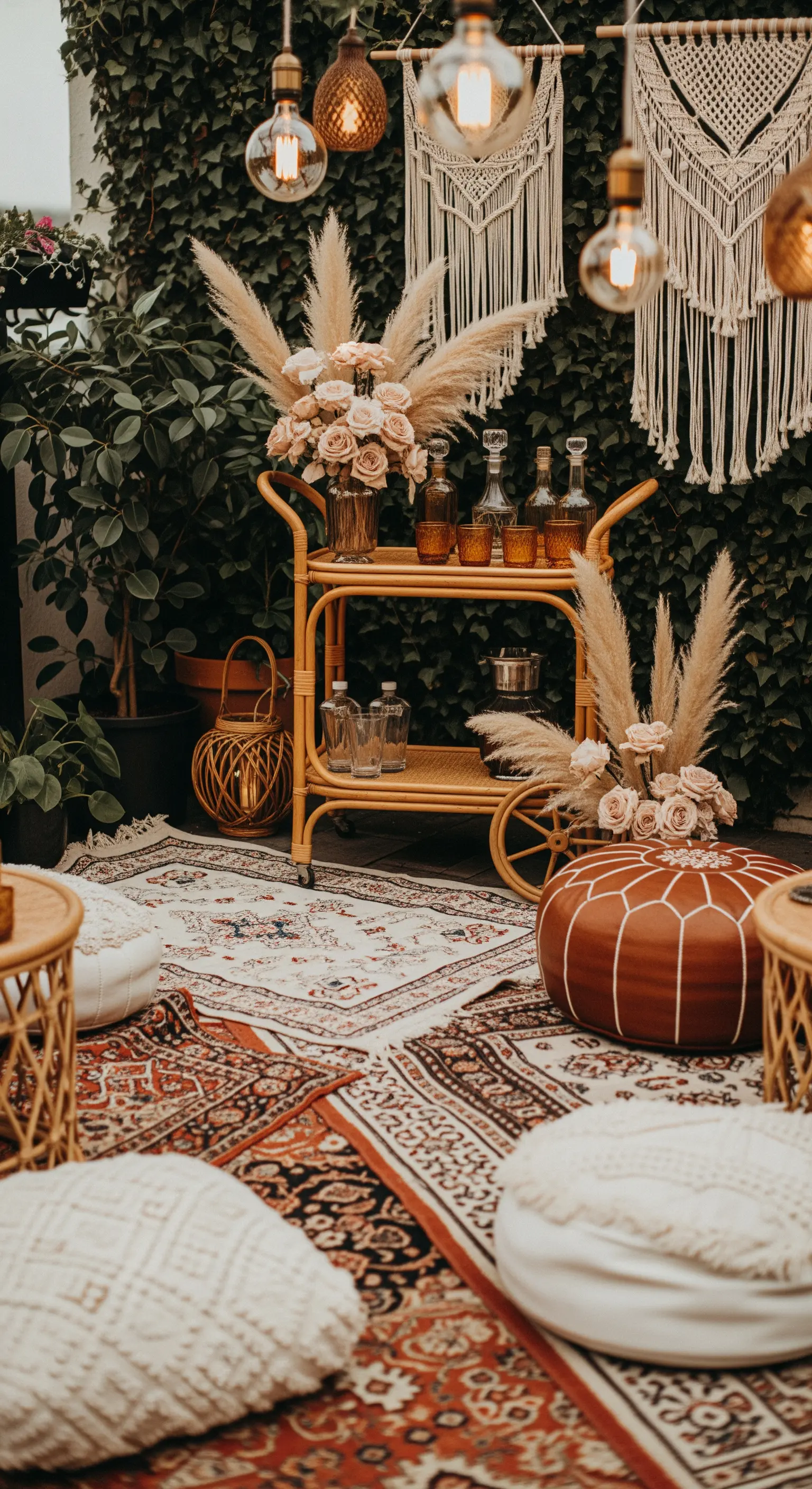 Angolo bar bohémien con carrello in rattan, tappeti etnici, macramè e cuscini a terra.