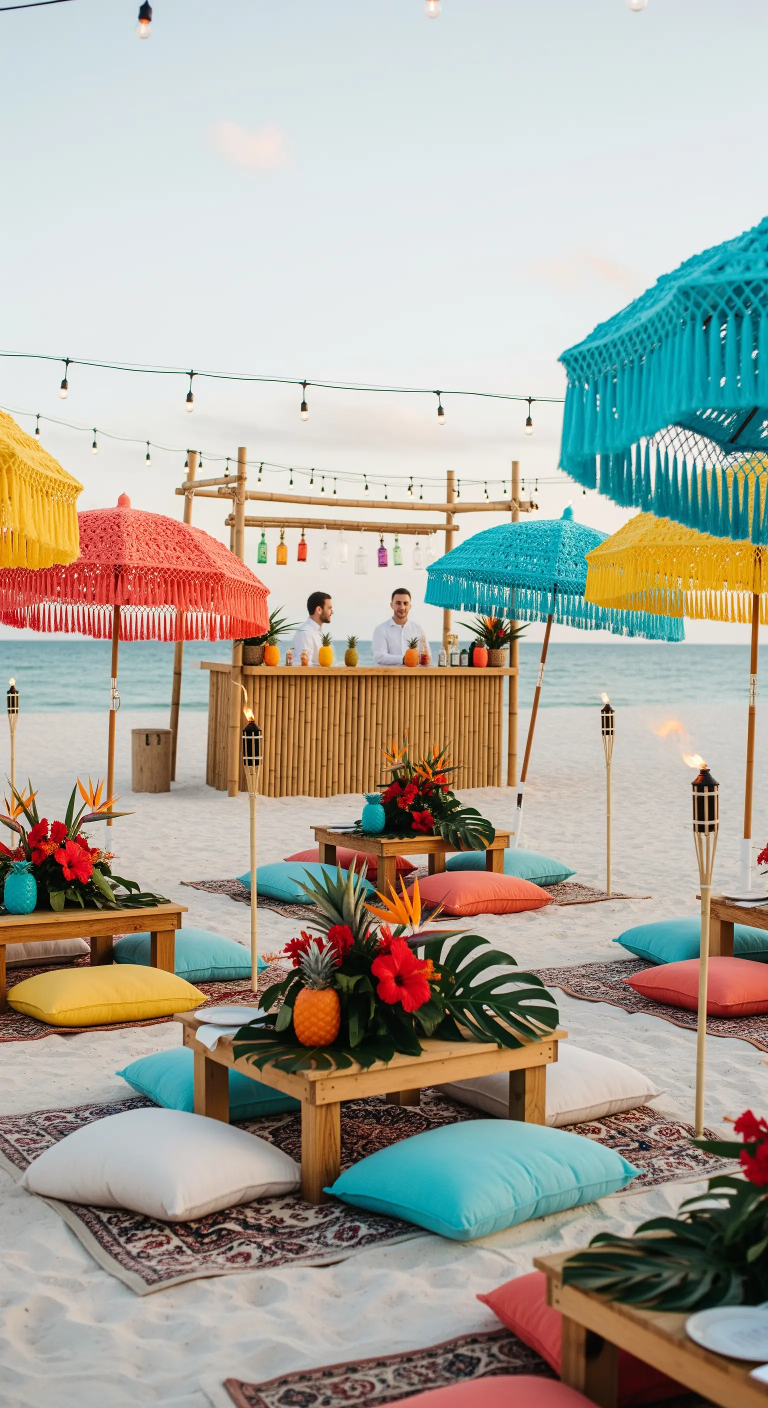Party in spiaggia con cocktail bar in bambù, ombrelloni colorati e cuscini sulla sabbia