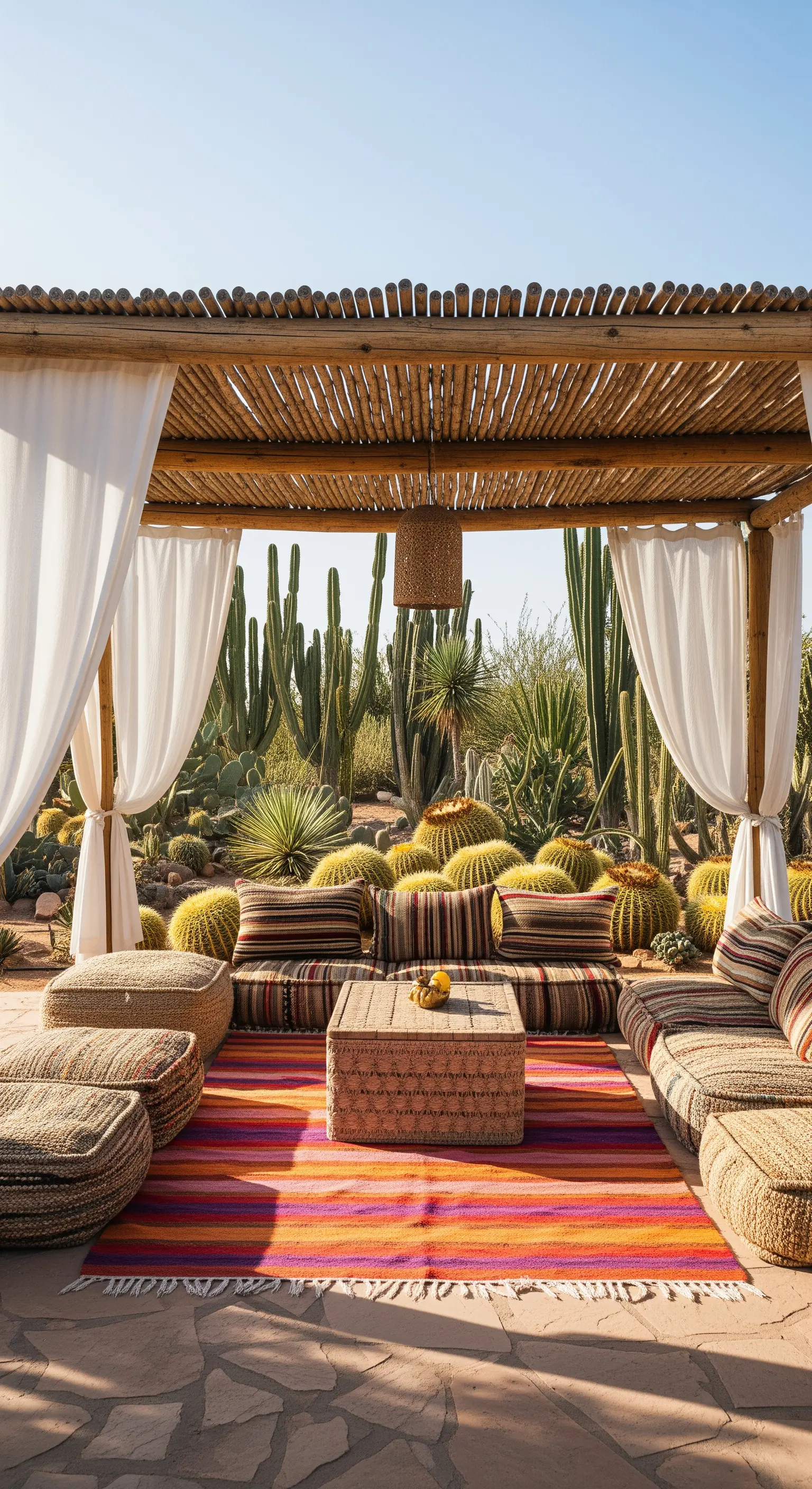 Lounge all'aperto in un giardino di cactus con tappeto a righe colorate e tende.