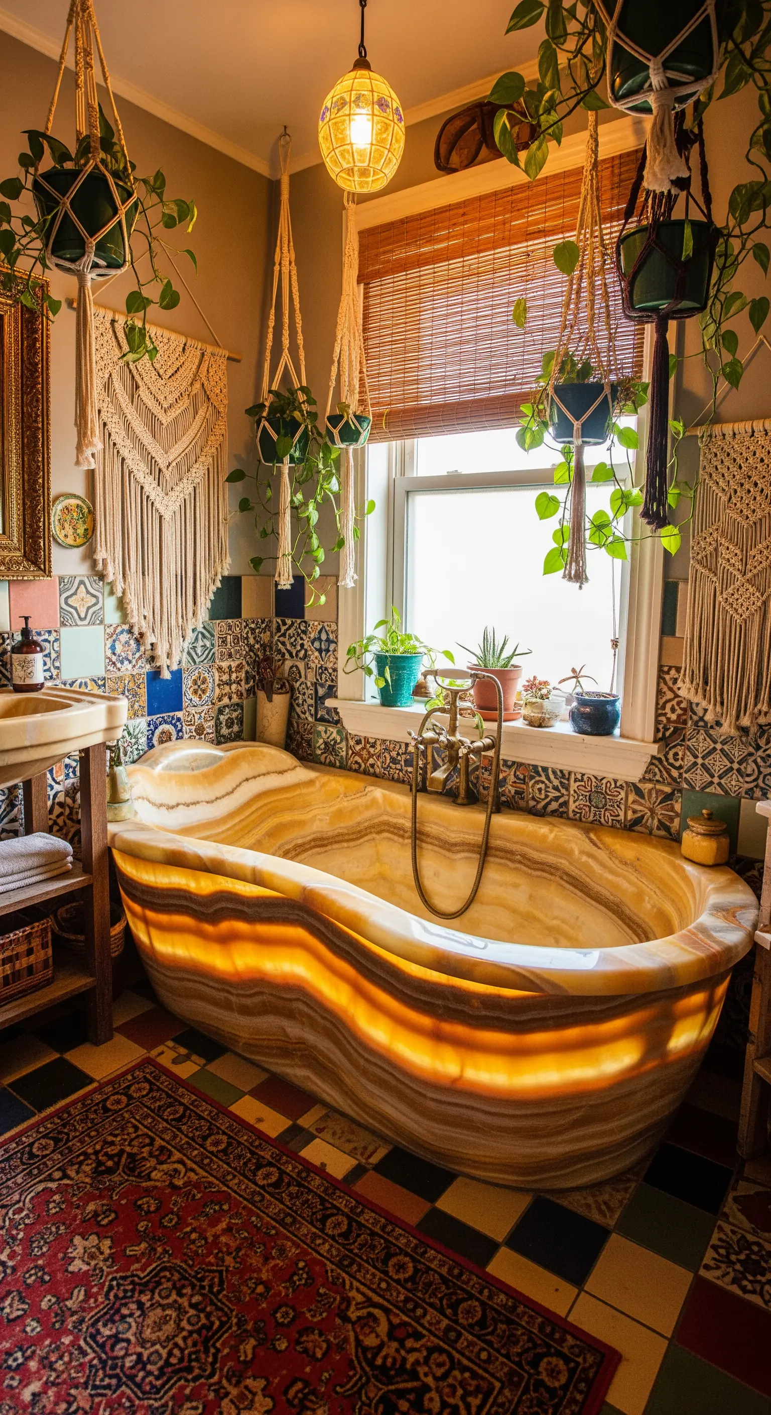 Vasca sinuosa in onice retroilluminata in un bagno bohémien con piante e decori in macramè.