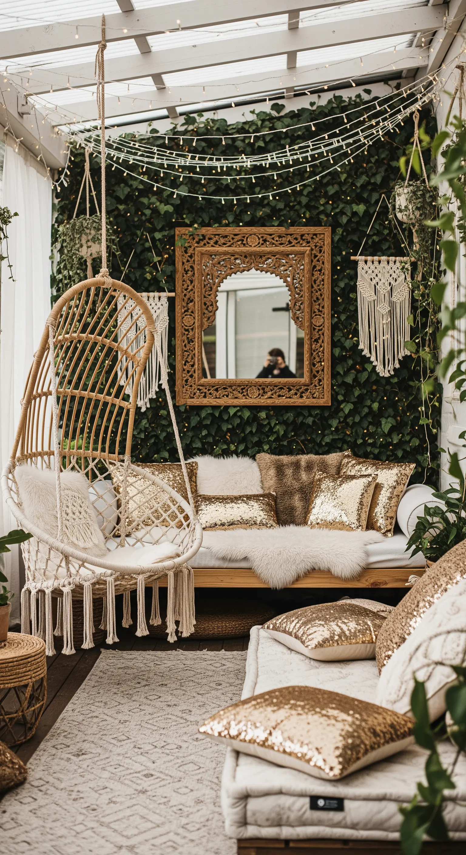 Portico bohémien con parete verde, sedia sospesa e cuscini dorati con paillettes.