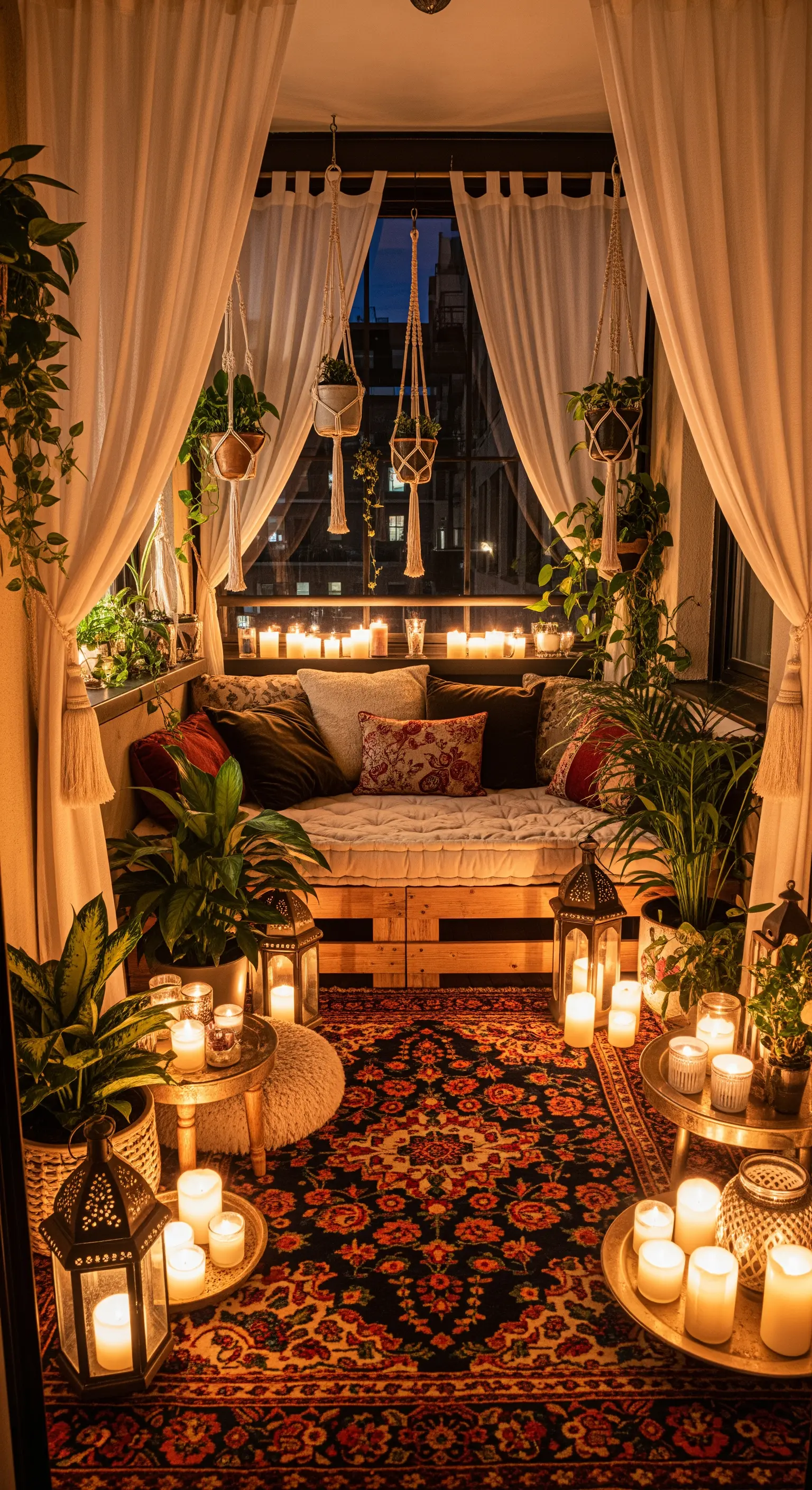 Balcone bohémien con divanetto in pallet, tappeto persiano, piante sospese e lanterne.