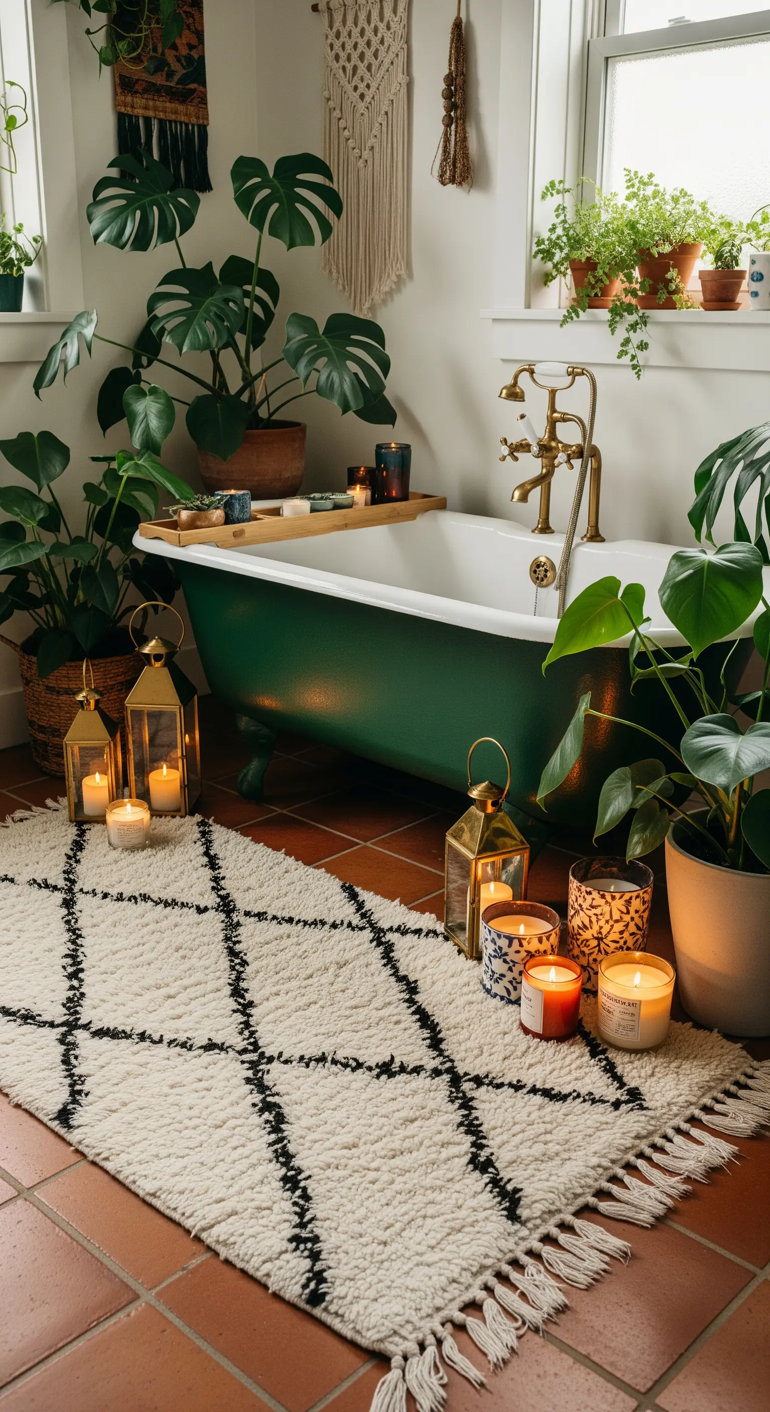 Bagno in stile bohémien con vasca verde, tappeto berbero, lanterne e molte piante.