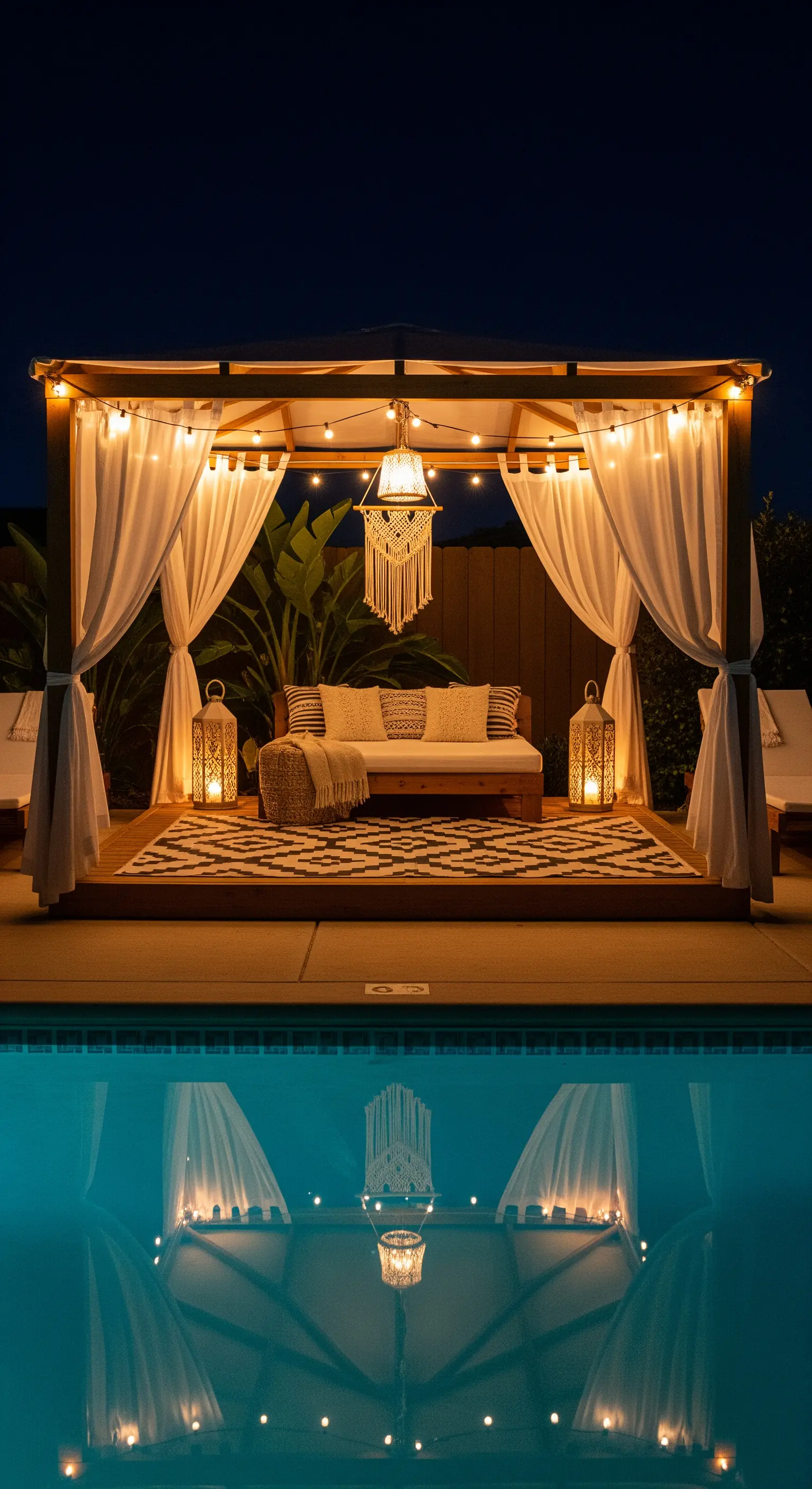 Gazebo a bordo piscina con tende bianche, divano, tappeto e lampadario in macramè.