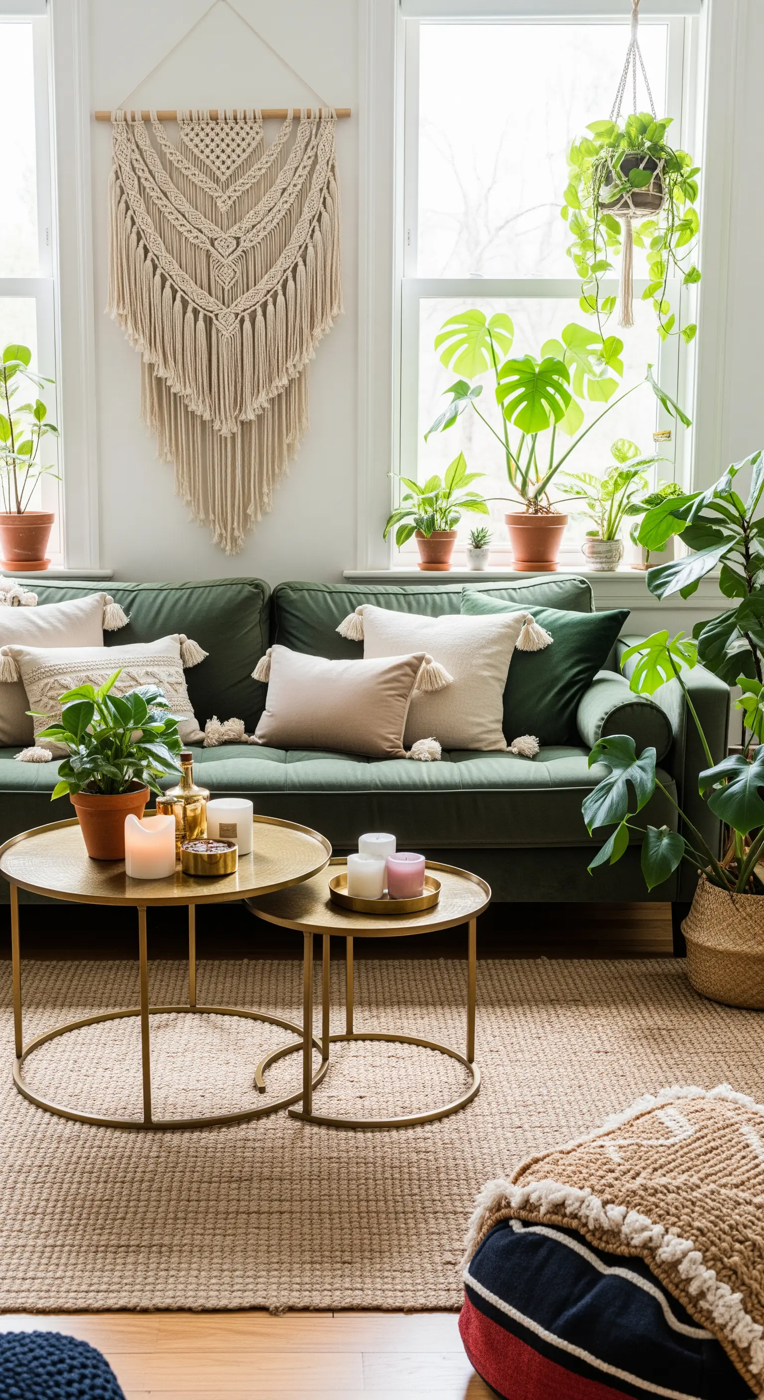 Divano verde in stile boho circondato da piante, macramè, cuscini neutri e tavolini in ottone.