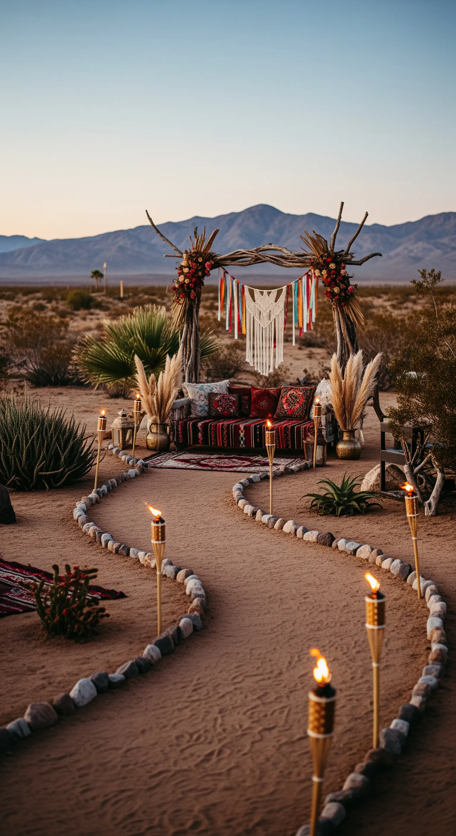 Sentiero nel deserto illuminato da torce di bambù, che conduce a un'area relax con divanetto e arco boho