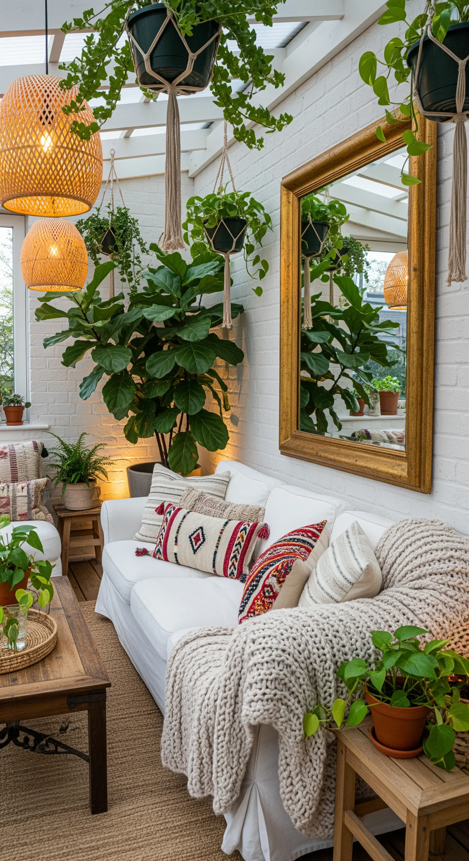 Veranda boho-chic con divano bianco, cuscini etnici, piante pensili e un grande specchio dorato