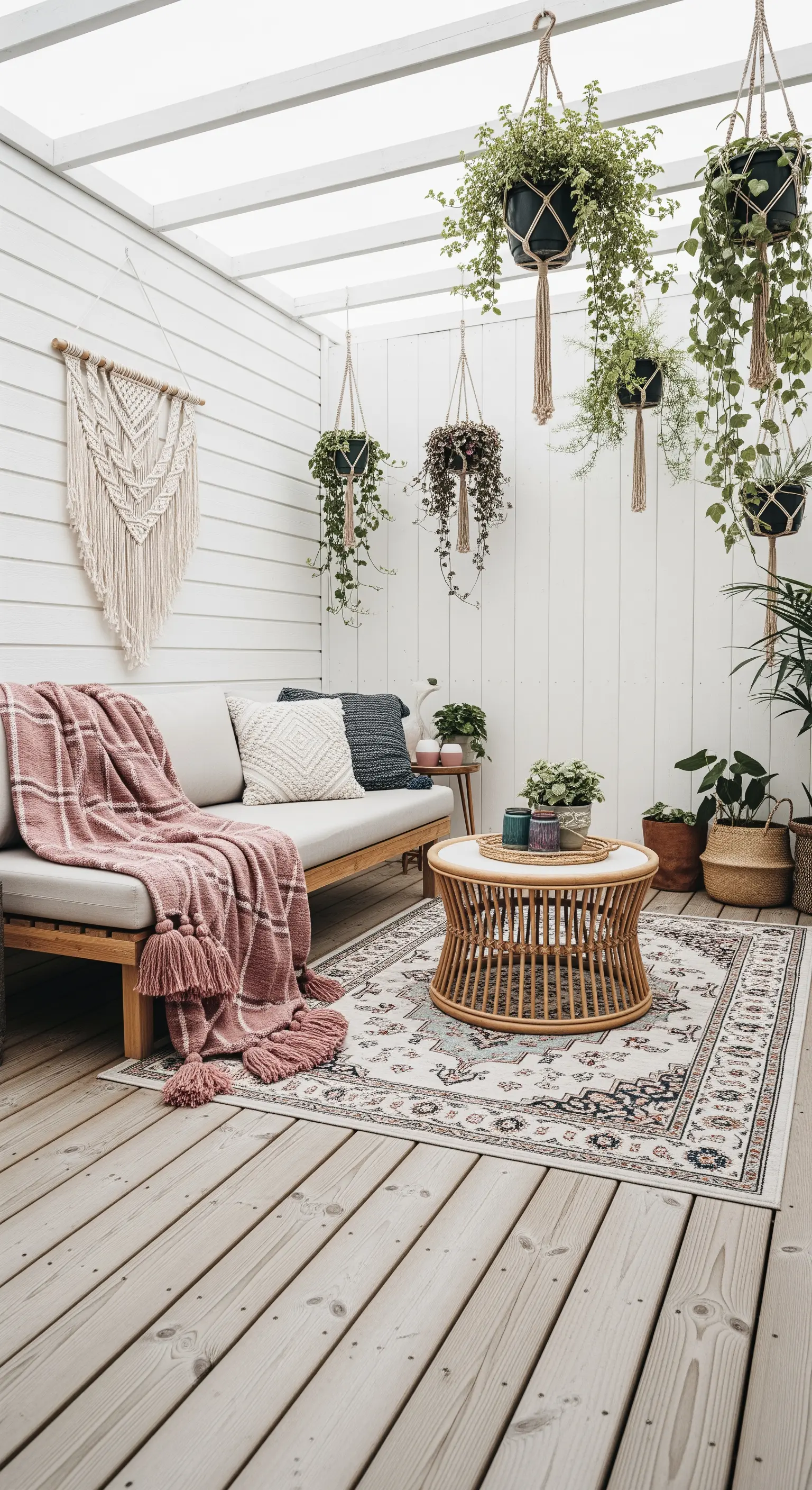 Patio coperto con divano, piante sospese, decorazione in macramè e tappeto etnico.