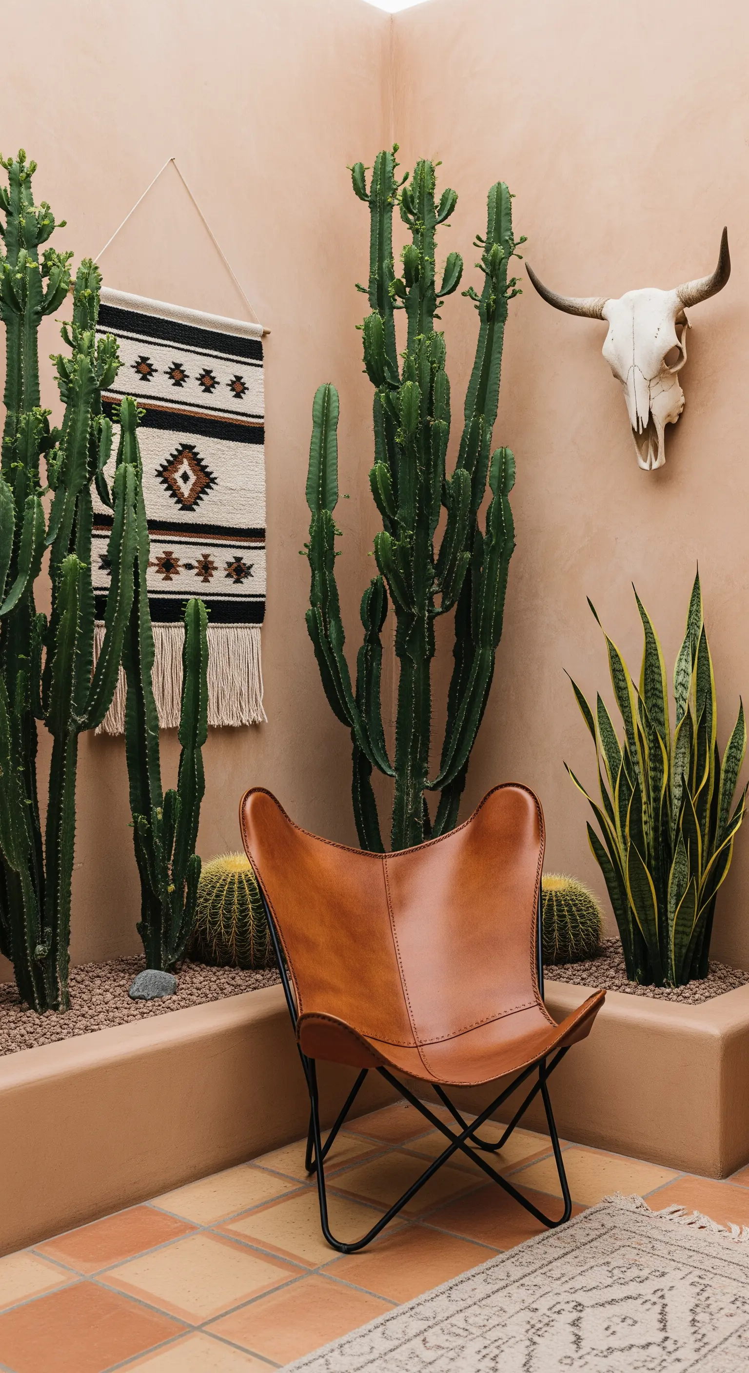 Poltrona Butterfly in pelle in un angolo desertico con cactus e un arazzo etnico.