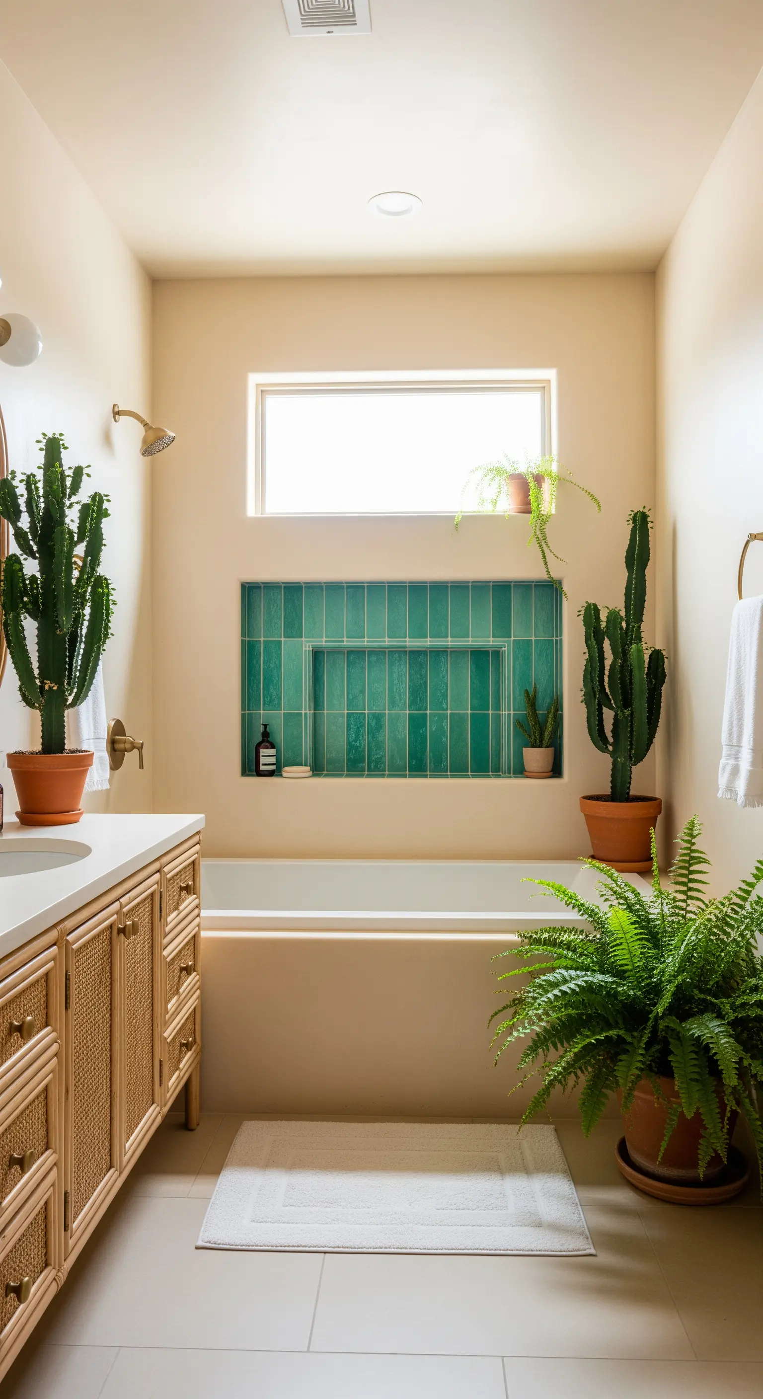 Bagno color sabbia con nicchia rivestita di piastrelle verdi e piante grasse.