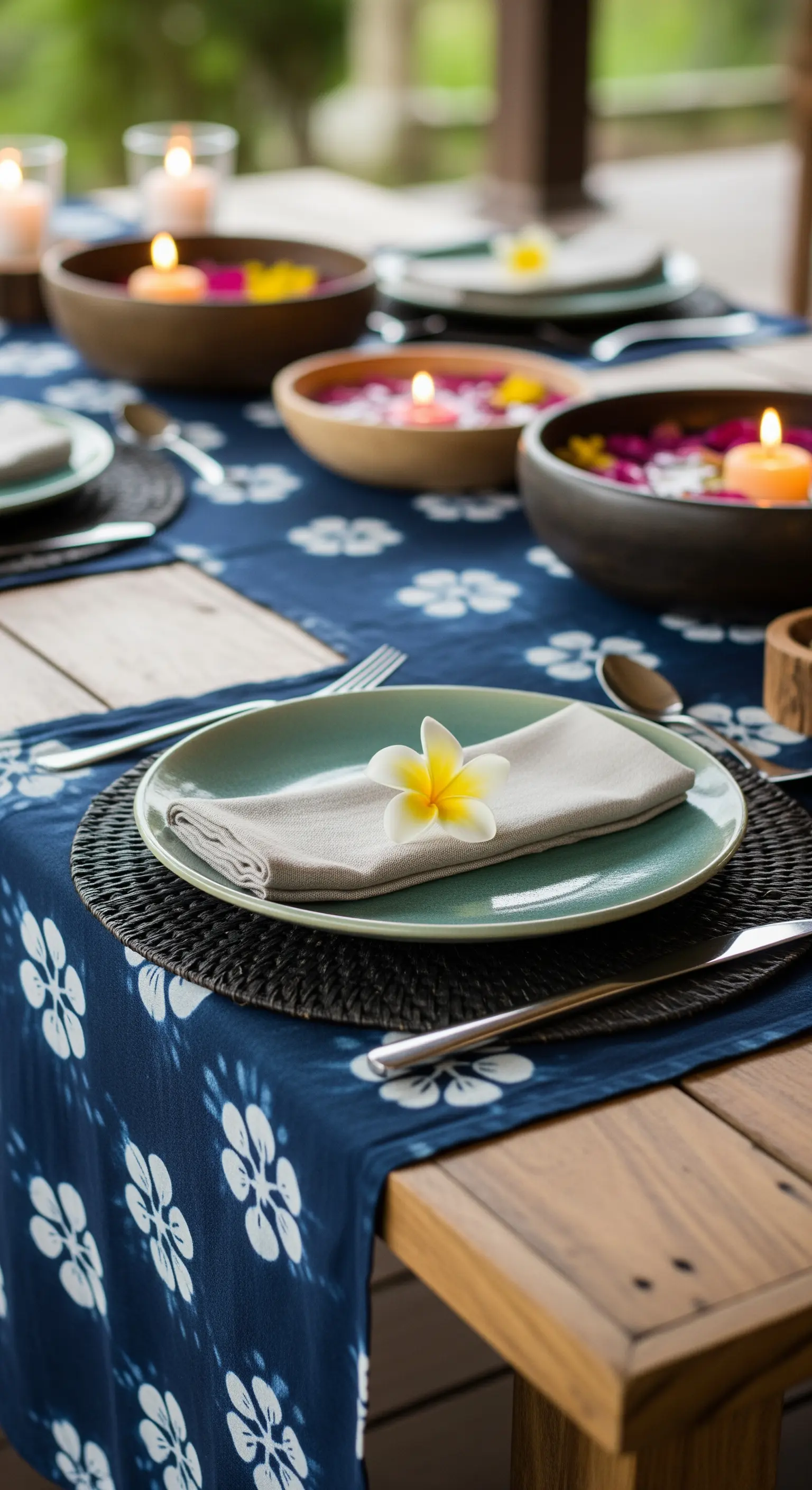 Tavola in stile zen con runner blu indaco, candele galleggianti e fiori di frangipani.