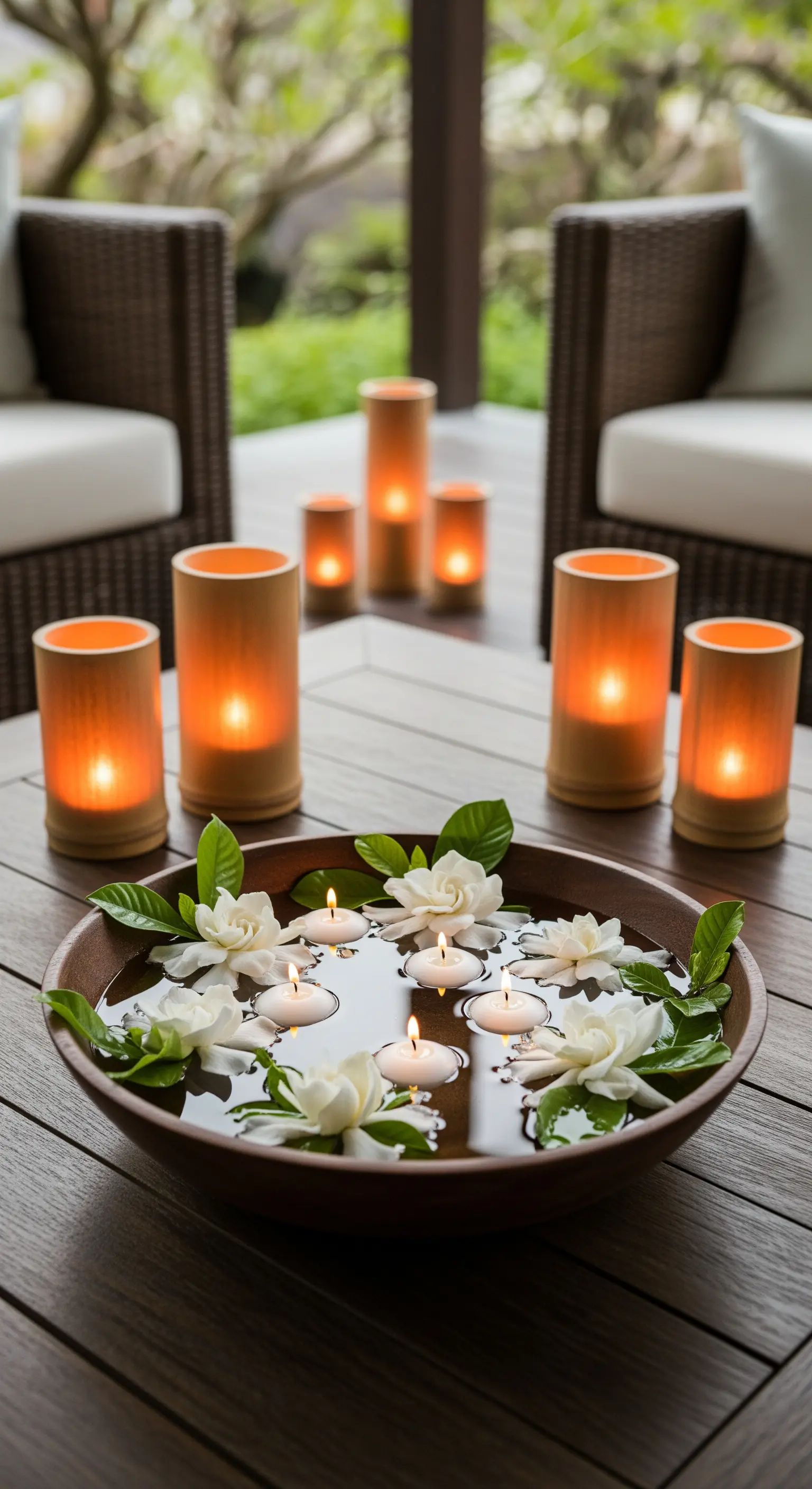 Ciotola d'acqua con candele galleggianti e gardenie, circondata da lanterne in bambù.
