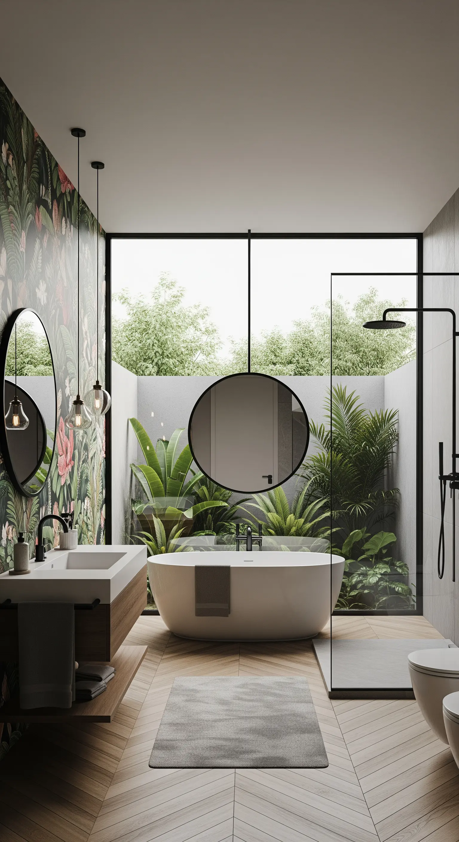 Bagno moderno con parete vetrata su un giardino, carta da parati tropicale e vasca freestanding.