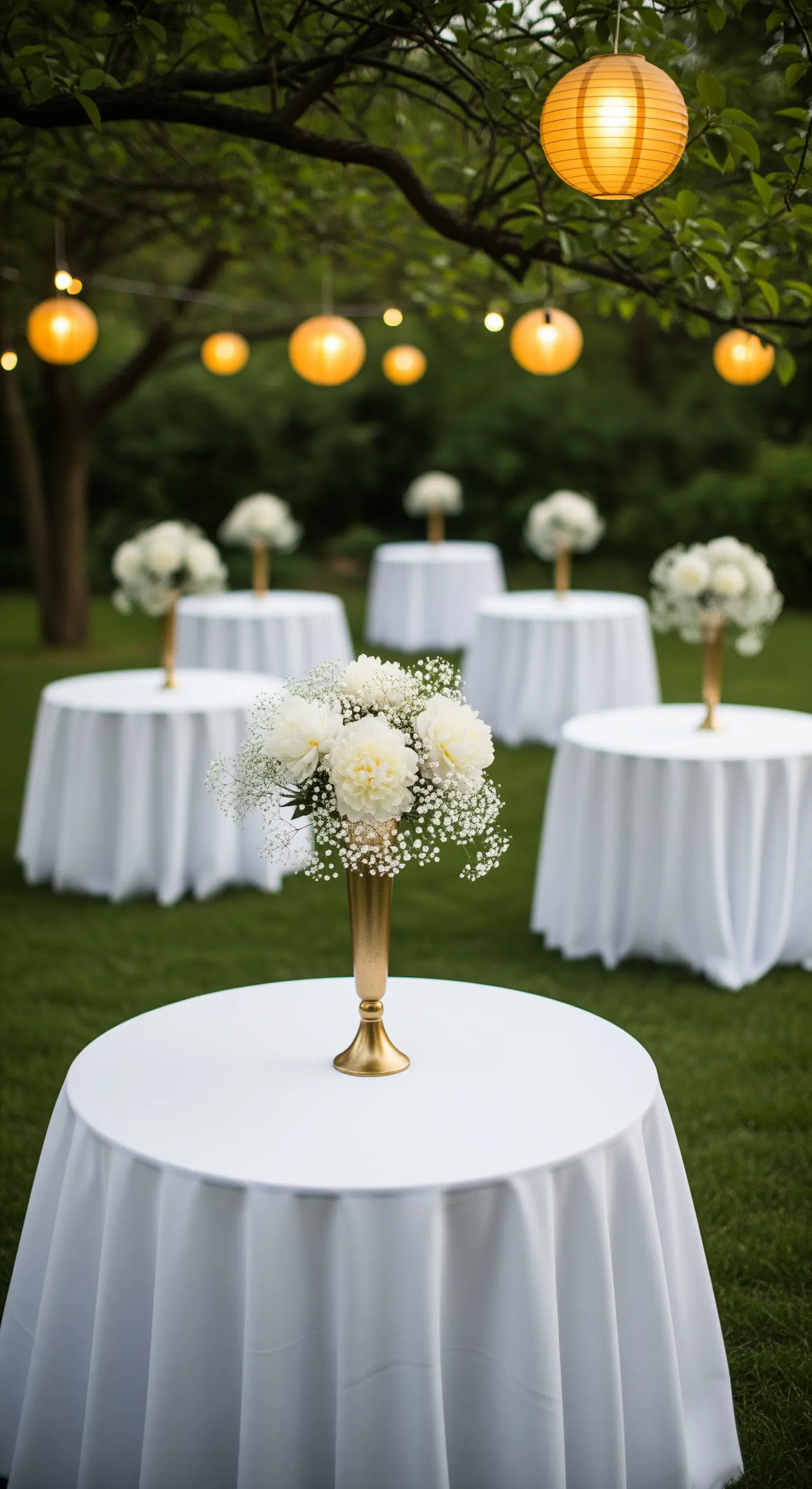 Tavoli da cocktail bianchi in un giardino illuminato da lanterne di carta appese agli alberi.