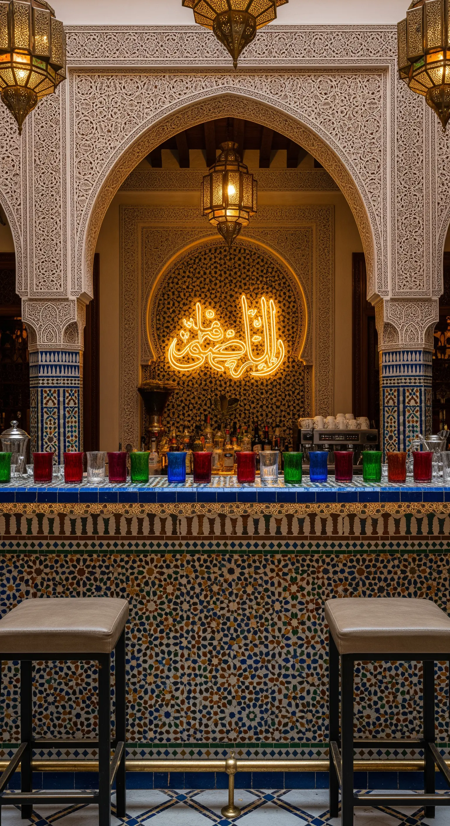 Bar in stile marocchino con mosaici, archi e un'insegna al neon in calligrafia araba.