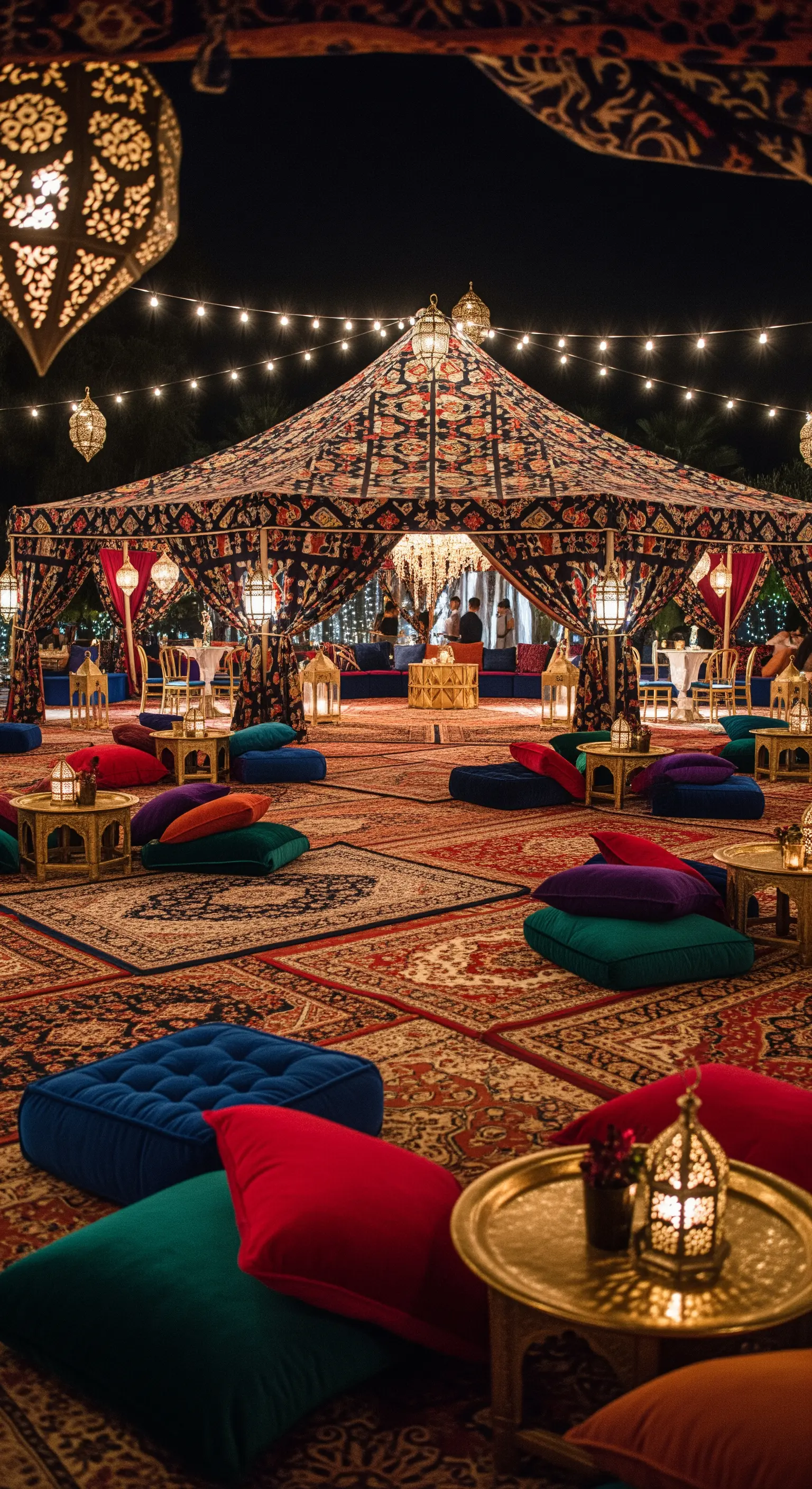 Grande tenda marocchina di notte, con tappeti persiani, cuscini colorati e lanterne.