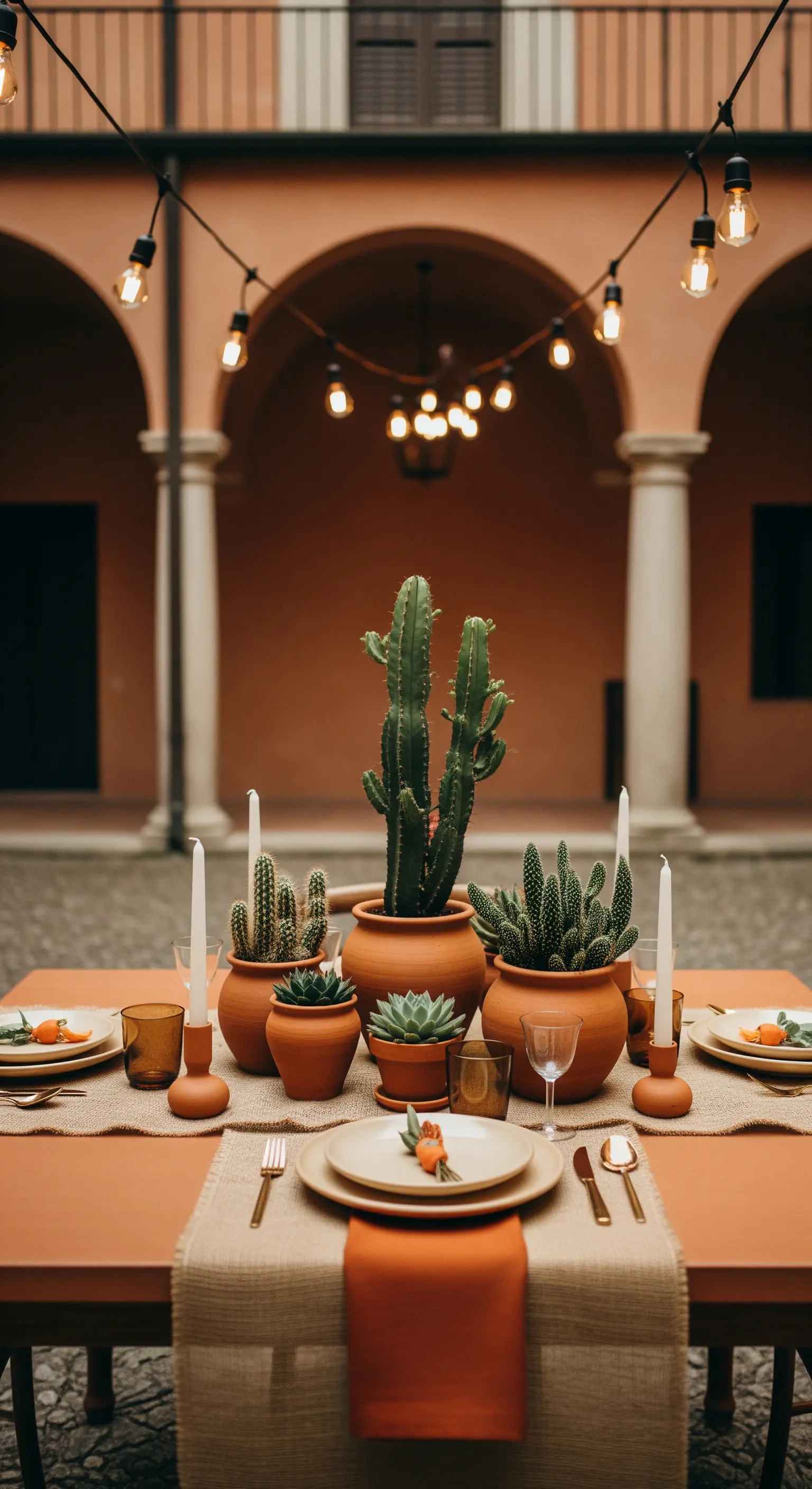 Centrotavola composto da un gruppo di cactus e piante grasse in vasi di terracotta.
