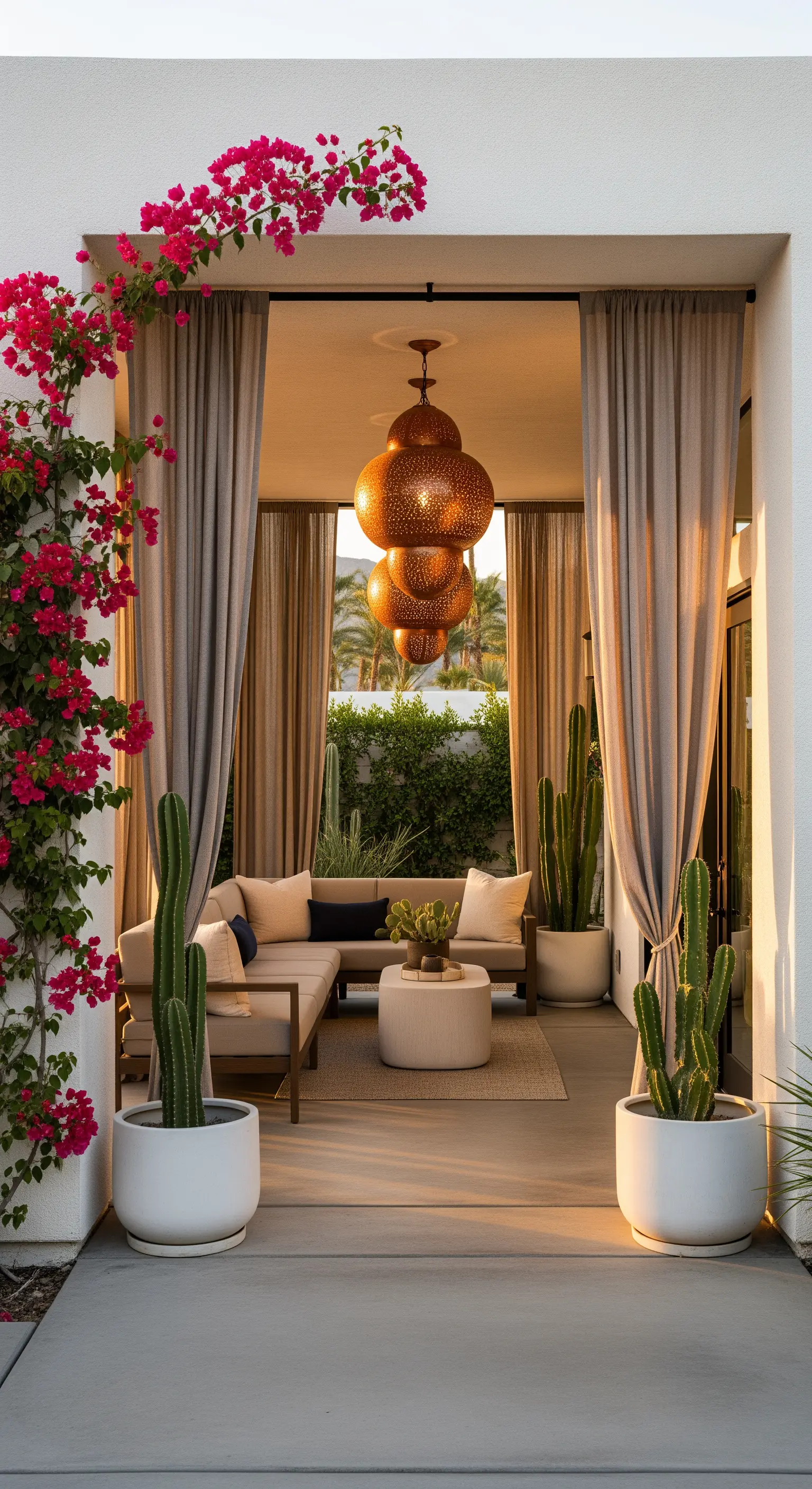 Patio moderno con divano beige, lampadario in rame e piante di cactus.
