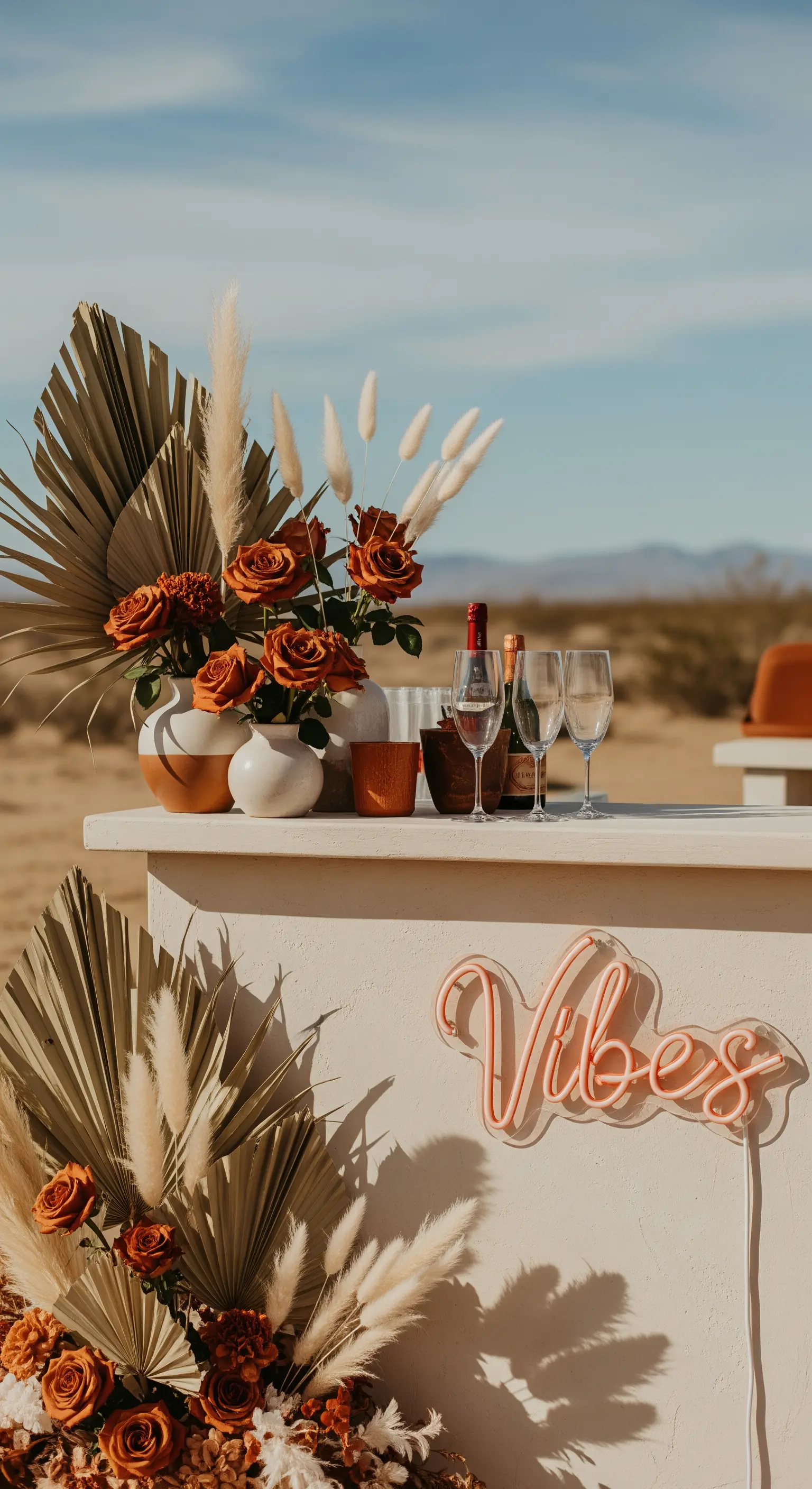 Bar in stile desert-chic con pampas, palme secche e insegna 