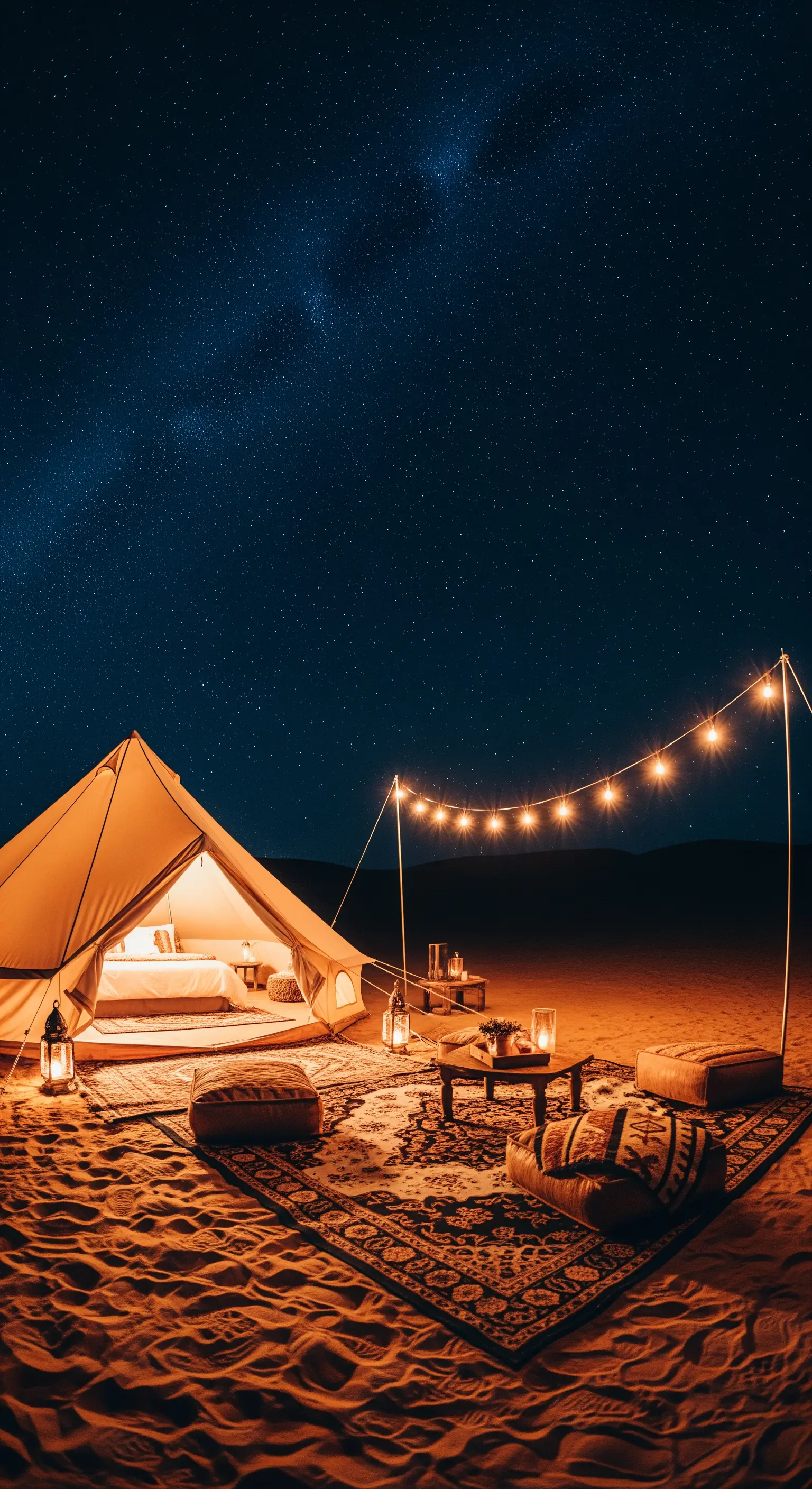 Tenda glamping nel deserto di notte, illuminata da una catena di luci calde.