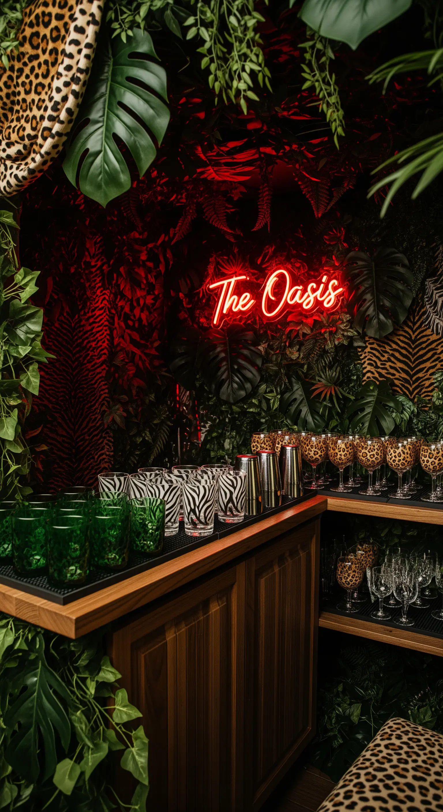 Angolo bar a tema giungla con piante tropicali, stampe animalier e insegna al neon rossa.