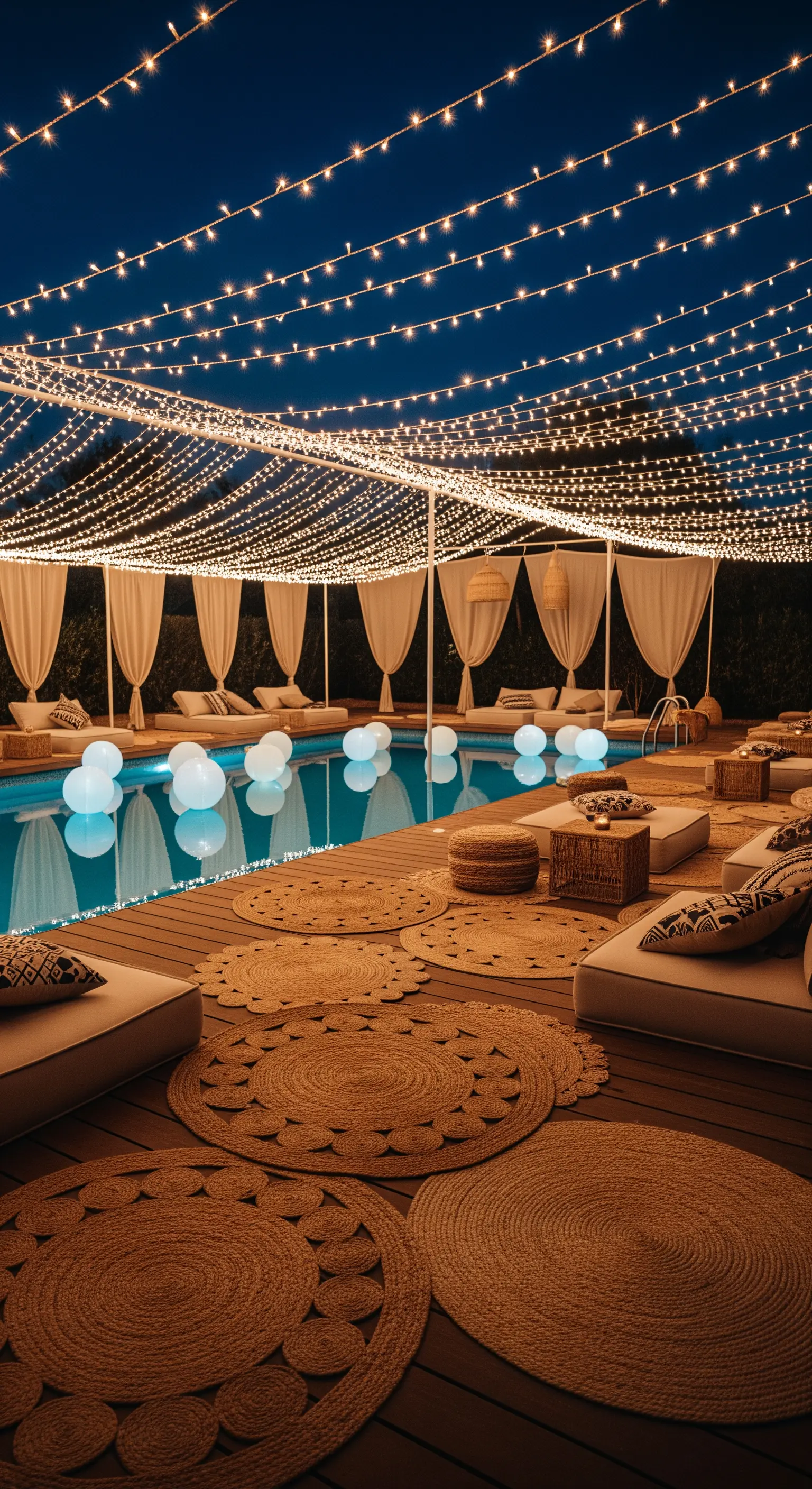 Bordo piscina di notte con lettini, tappeti rotondi in juta e un cielo di lucine.