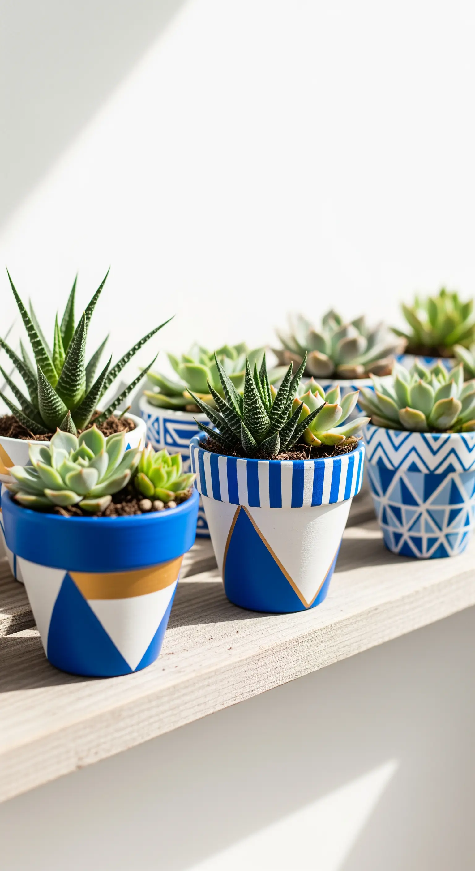 Vasi di terracotta dipinti a mano con motivi geometrici blu, bianchi e oro