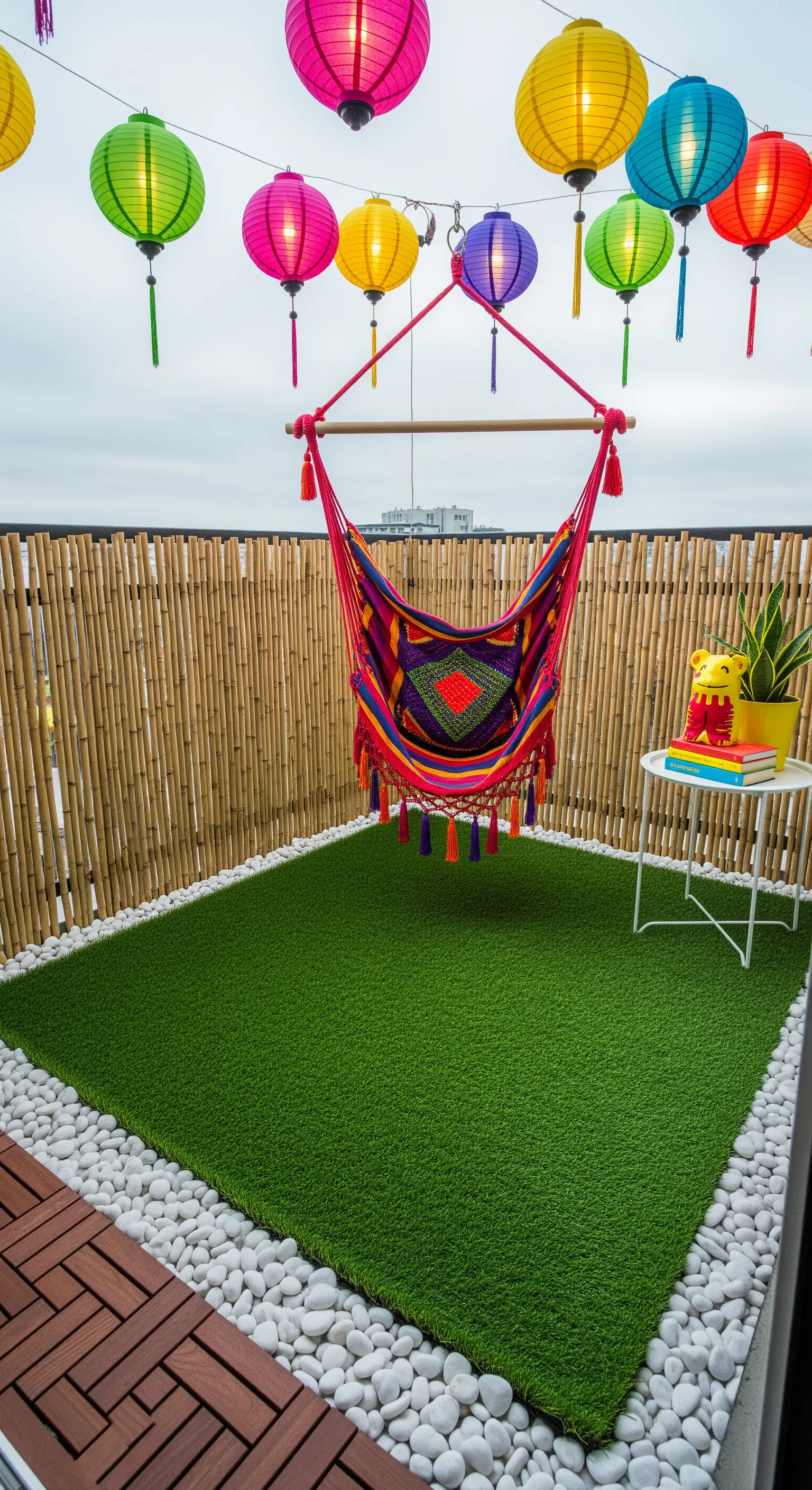 Balcone con erba sintetica, sedia sospesa colorata e lanterne cinesi.