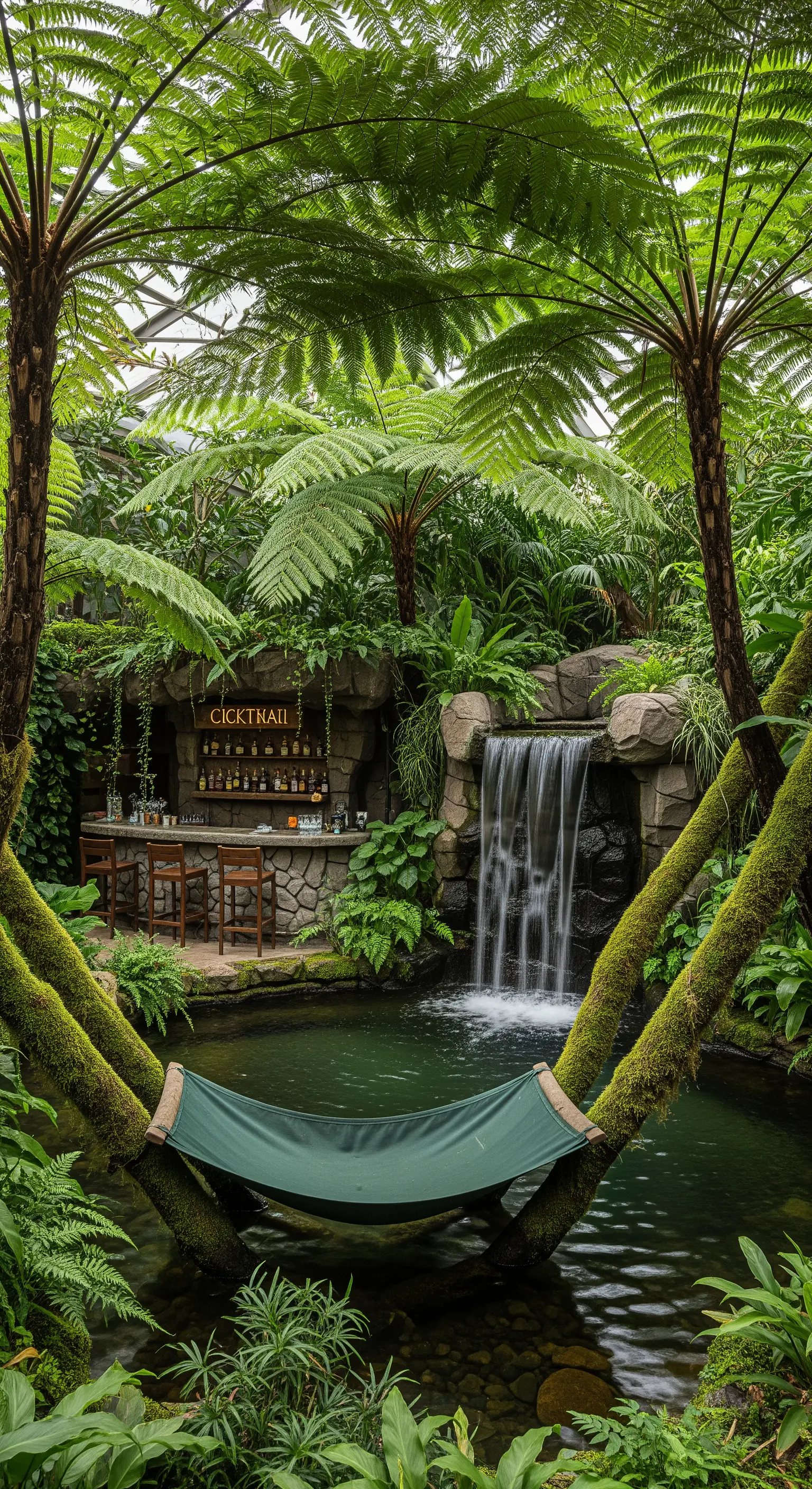 Giardino interno con cascata, laghetto e amaca verde sospesa sopra l'acqua.