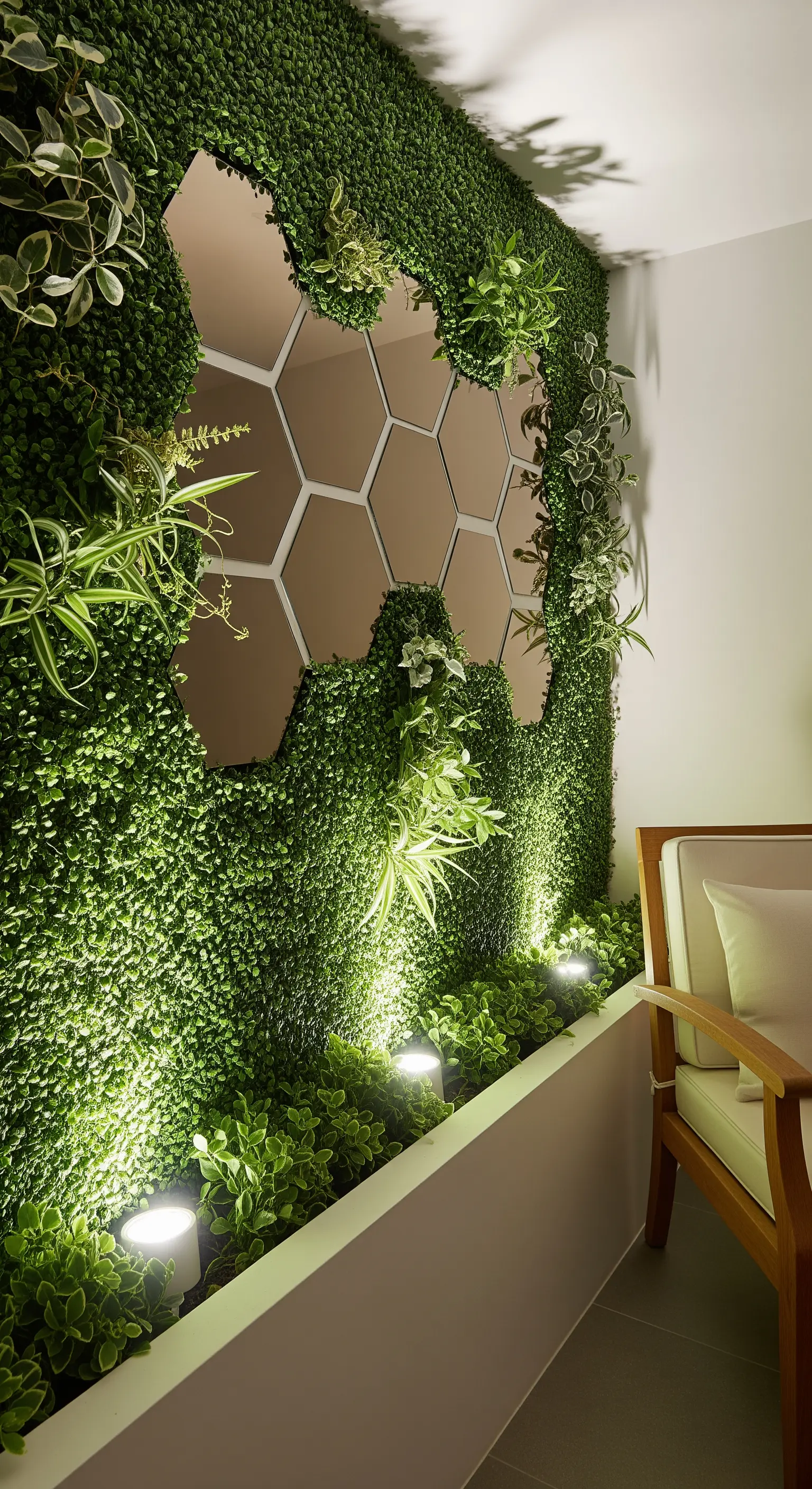 Parete verde verticale con specchi esagonali integrati e faretti LED che illuminano dal basso.