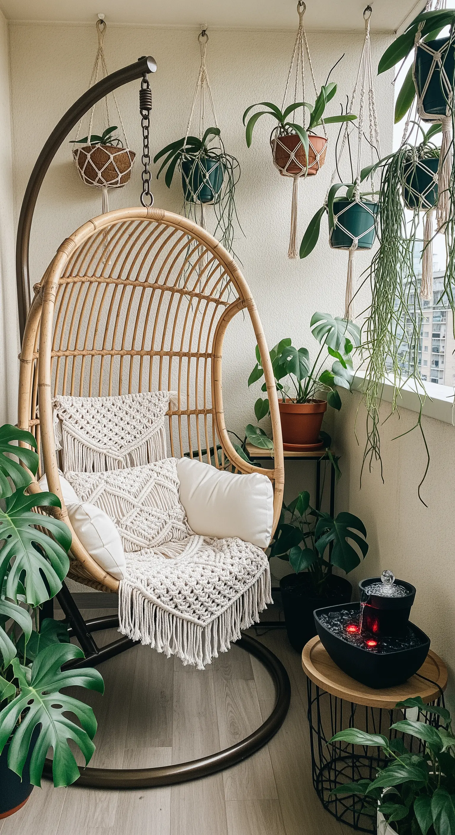 Balcone con sedia sospesa in rattan, cuscini in macramè e piante pendenti.