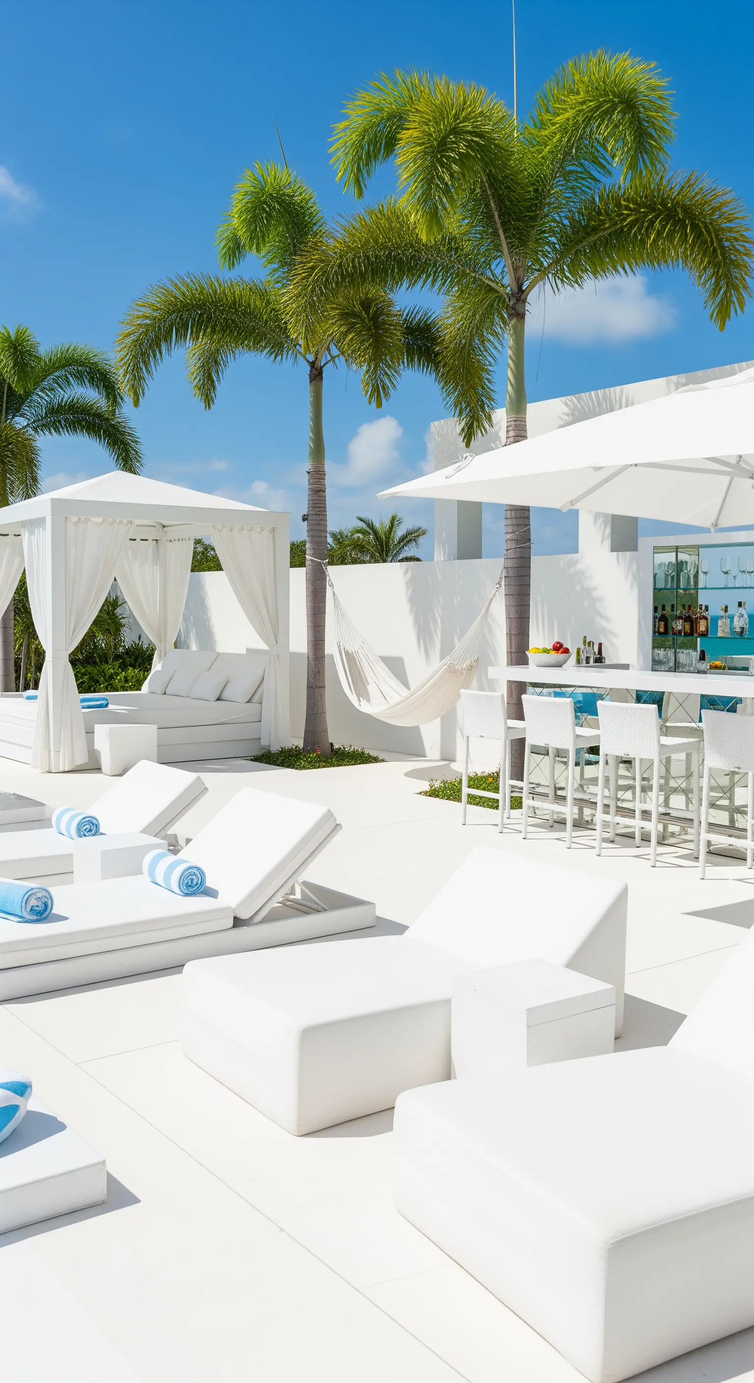 Piscina di lusso con arredi total white, lettini, gazebo, bar e un'amaca bianca.
