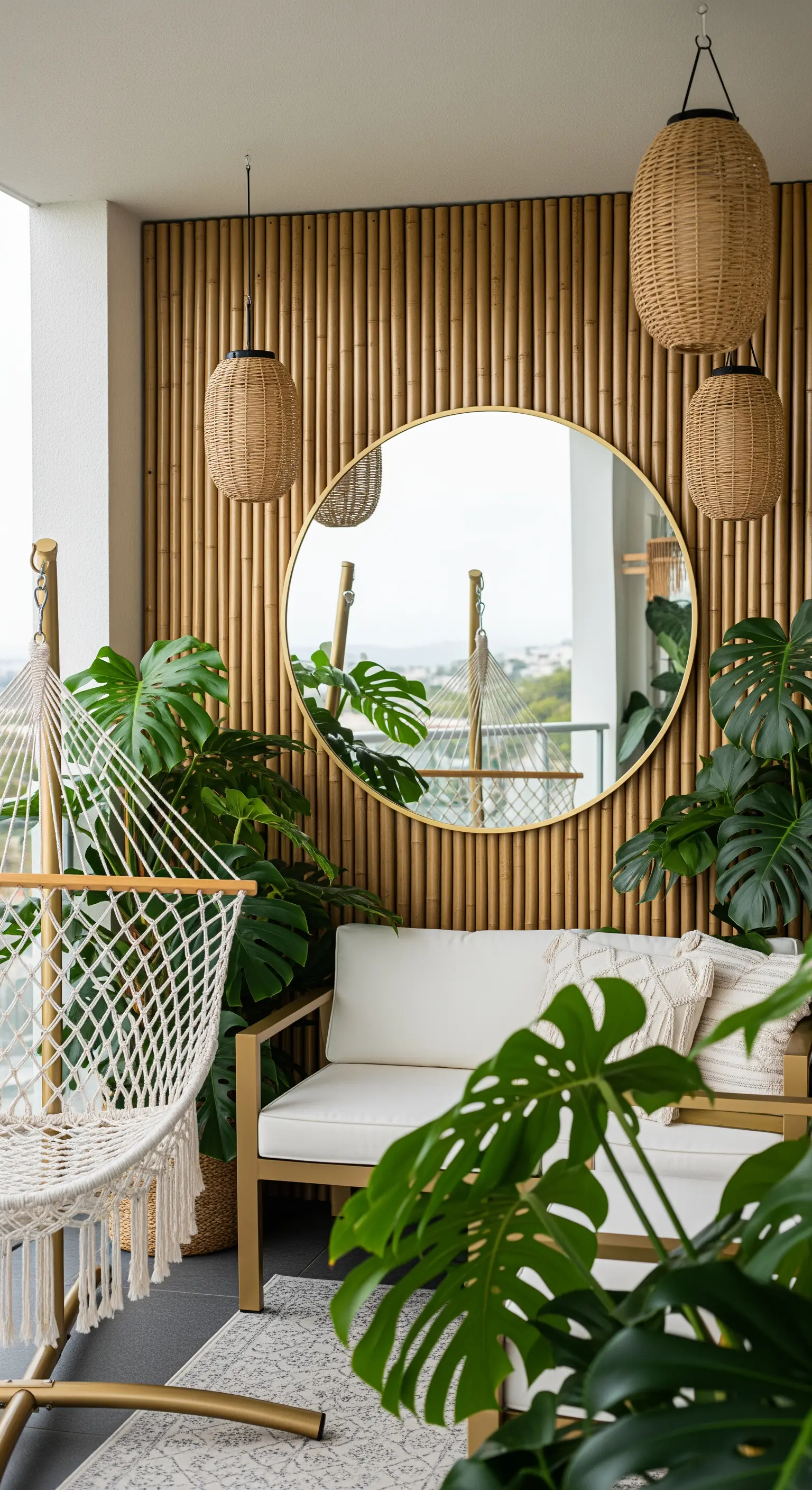 Balcone con parete in bambù, specchio rotondo, amaca e piante di Monstera