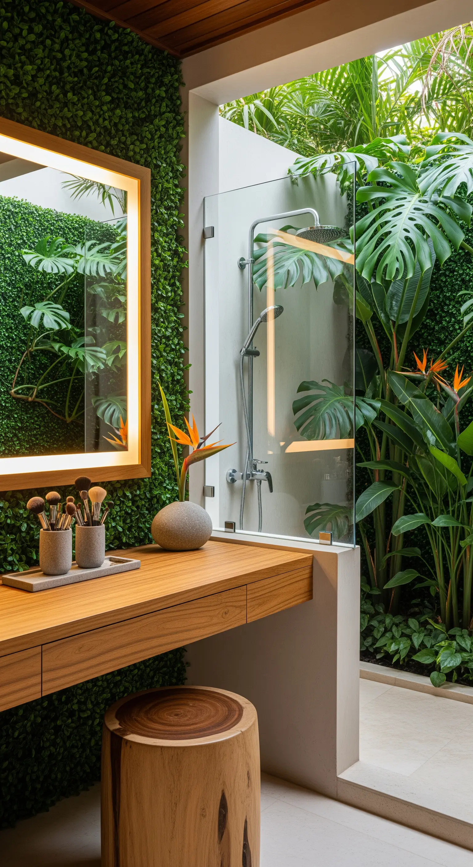 Angolo trucco con parete verde, mobile in legno e doccia esterna tra le piante.