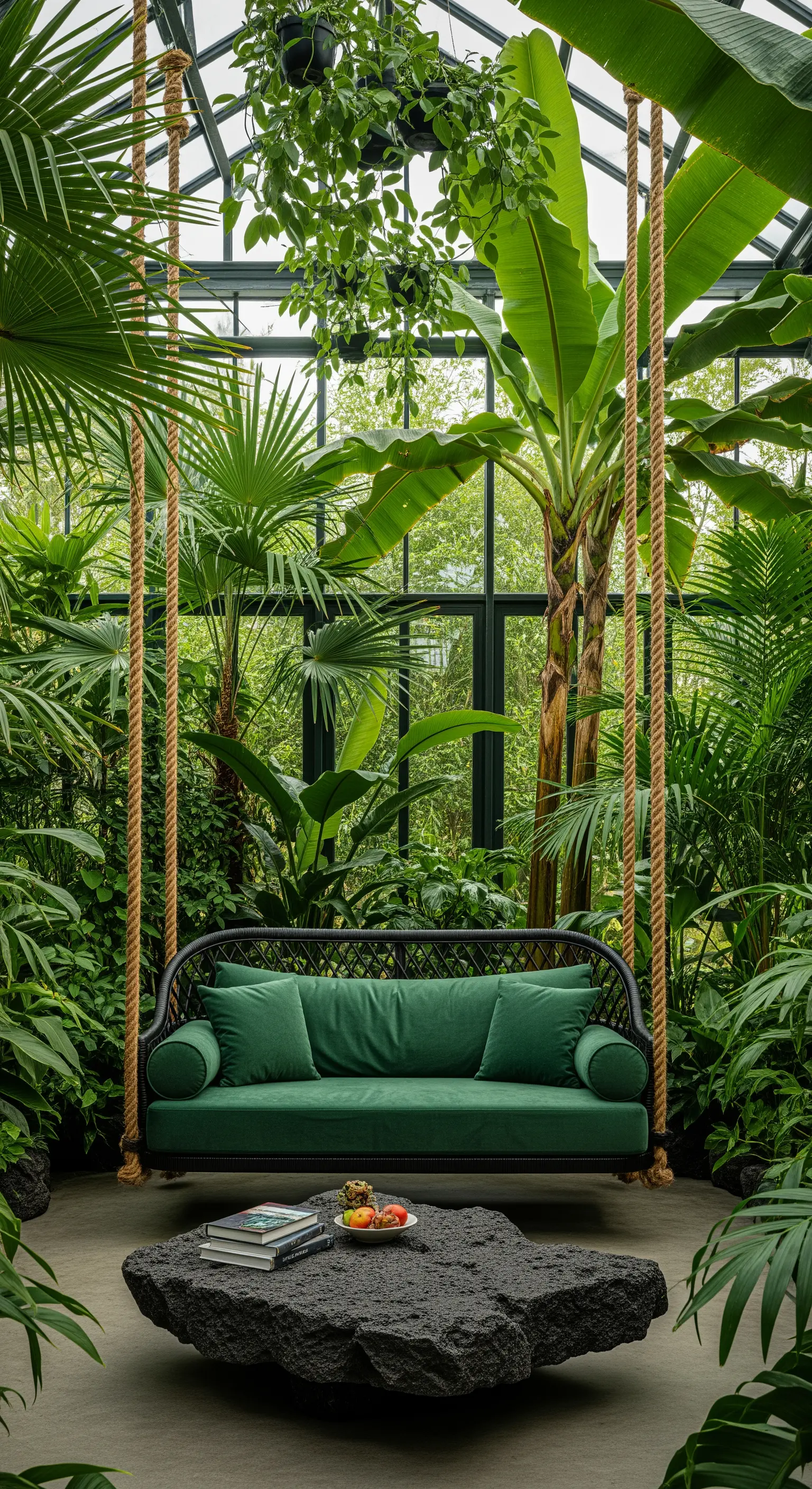 Divano sospeso nero con cuscini verdi in una serra circondato da piante tropicali.