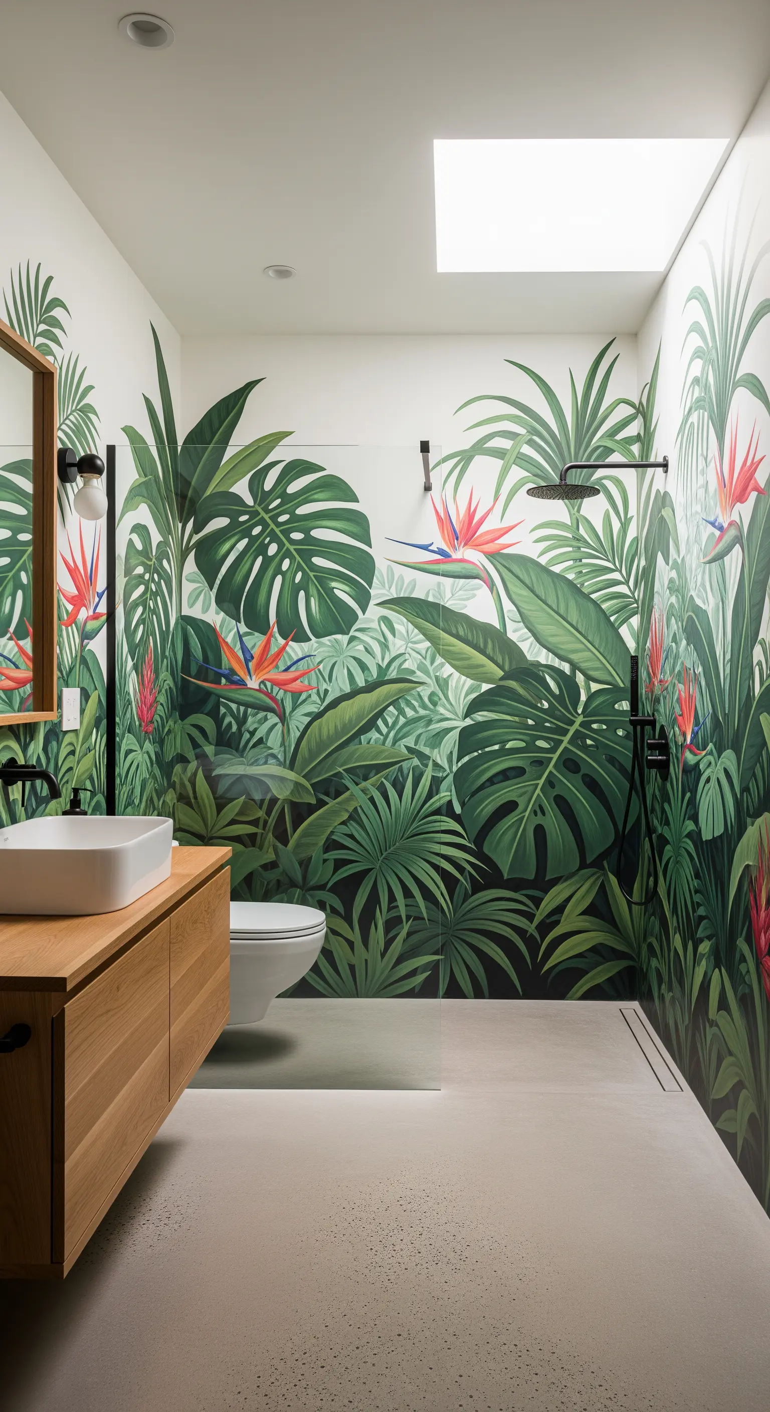 Bagno con murale a tema giungla, mobile sospeso in legno e doccia walk-in con vetro trasparente.