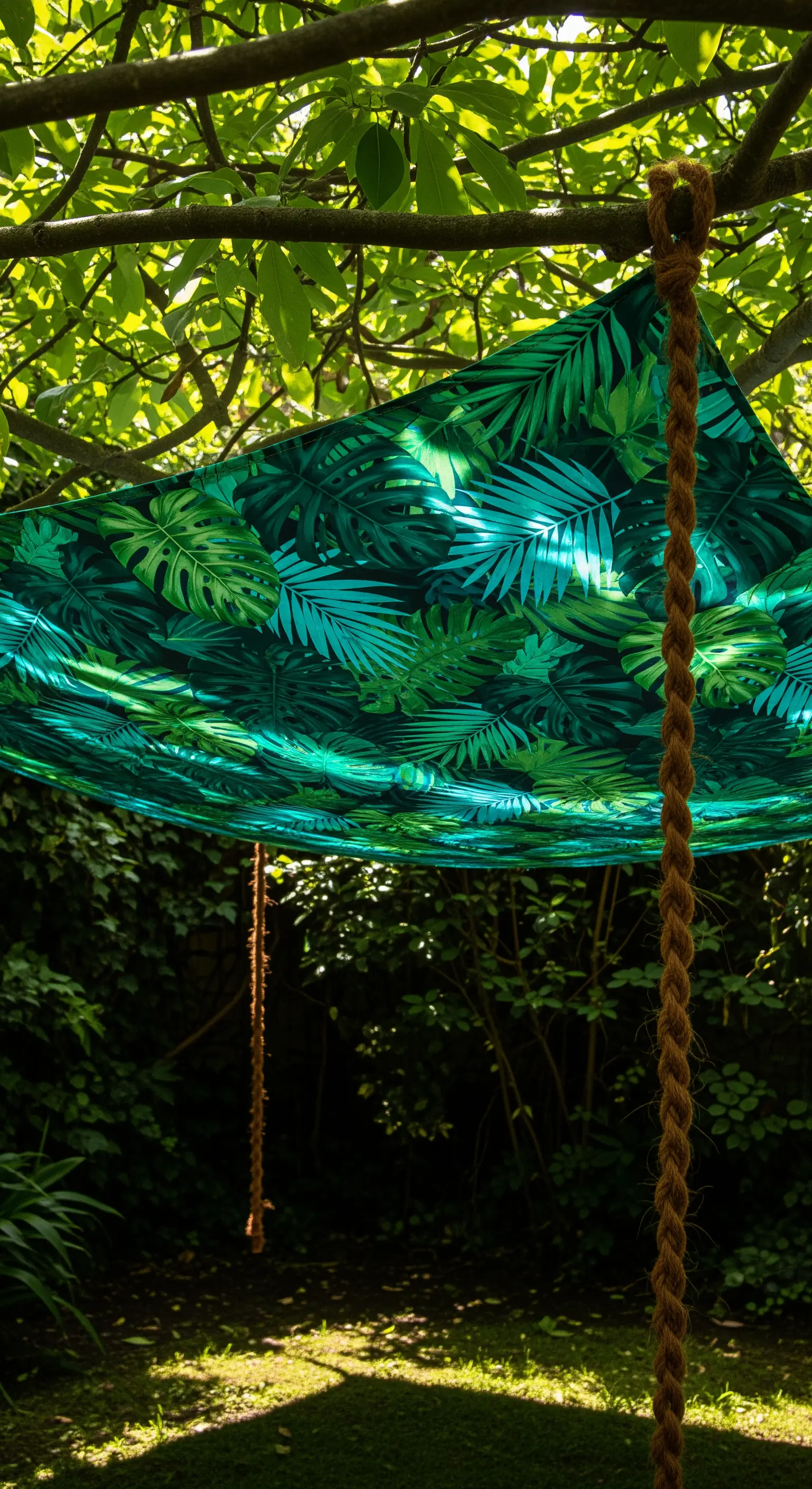Telo da sole con stampa a foglie tropicali verdi, sospeso in giardino con corde spesse.