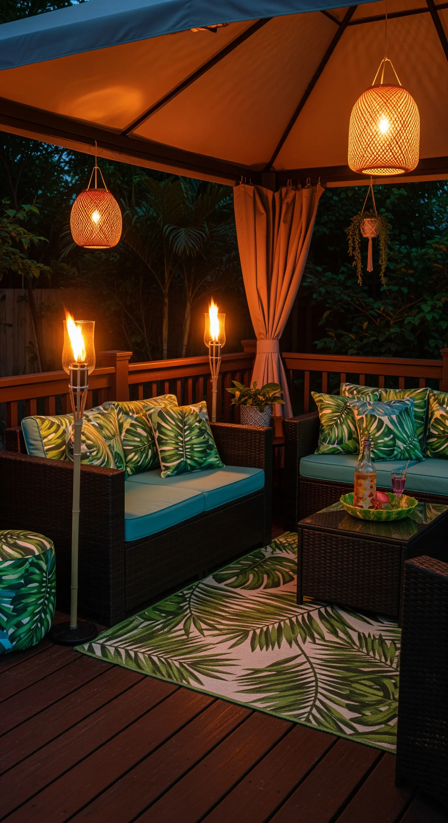Gazebo con arredi in rattan, cuscini a tema tropicale e illuminazione calda con torce.