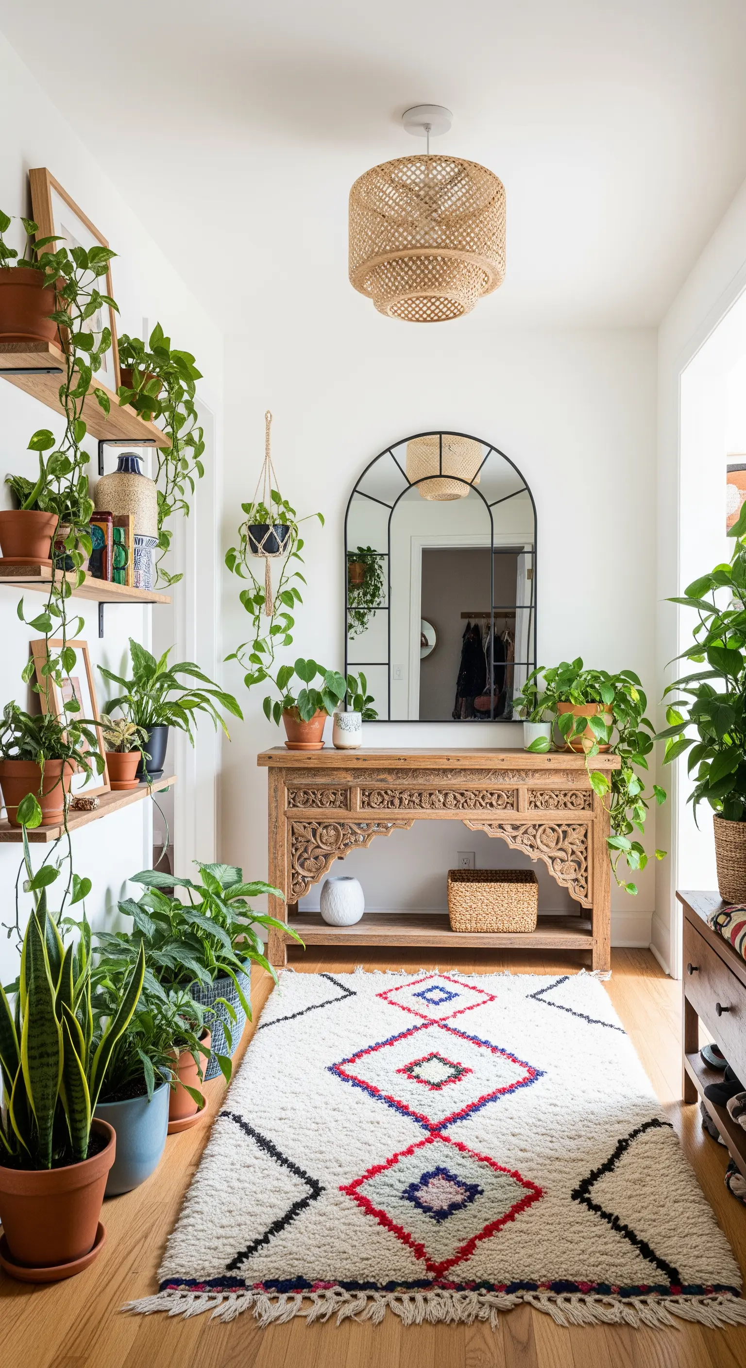 Ingresso boho-chic con molte piante, consolle in legno intagliato e tappeto colorato.